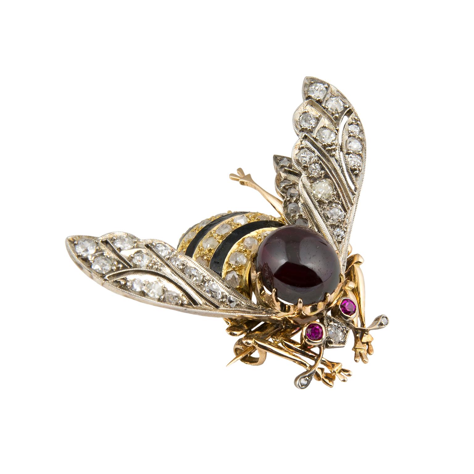 Women's or Men's Vintage 18 Karat Gold Garnet Enamel Diamonds Rubies Brooch