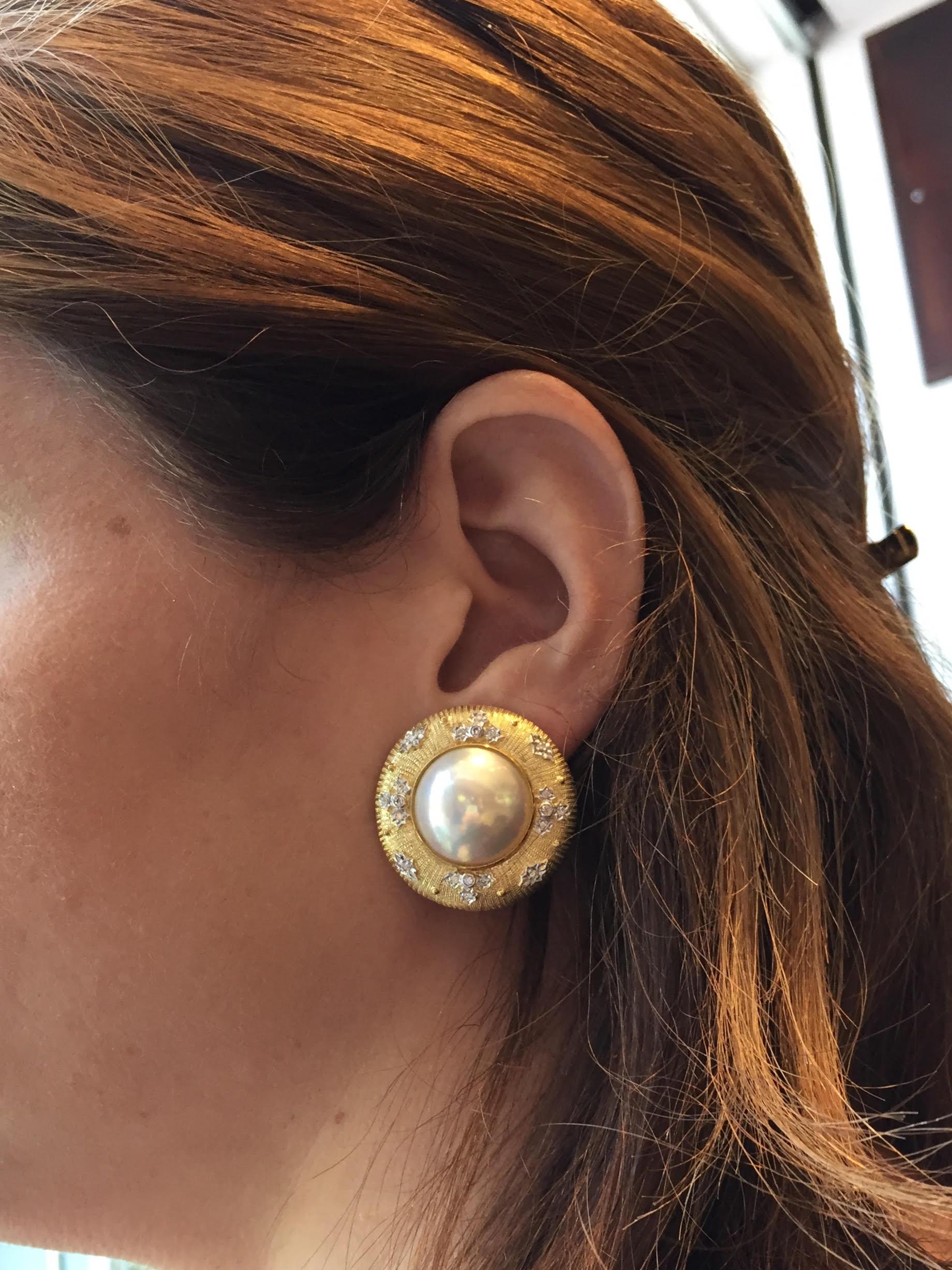 Vintage 18 Karat Gold Genuine Mabé Pearl Diamond Earrings For Sale 4