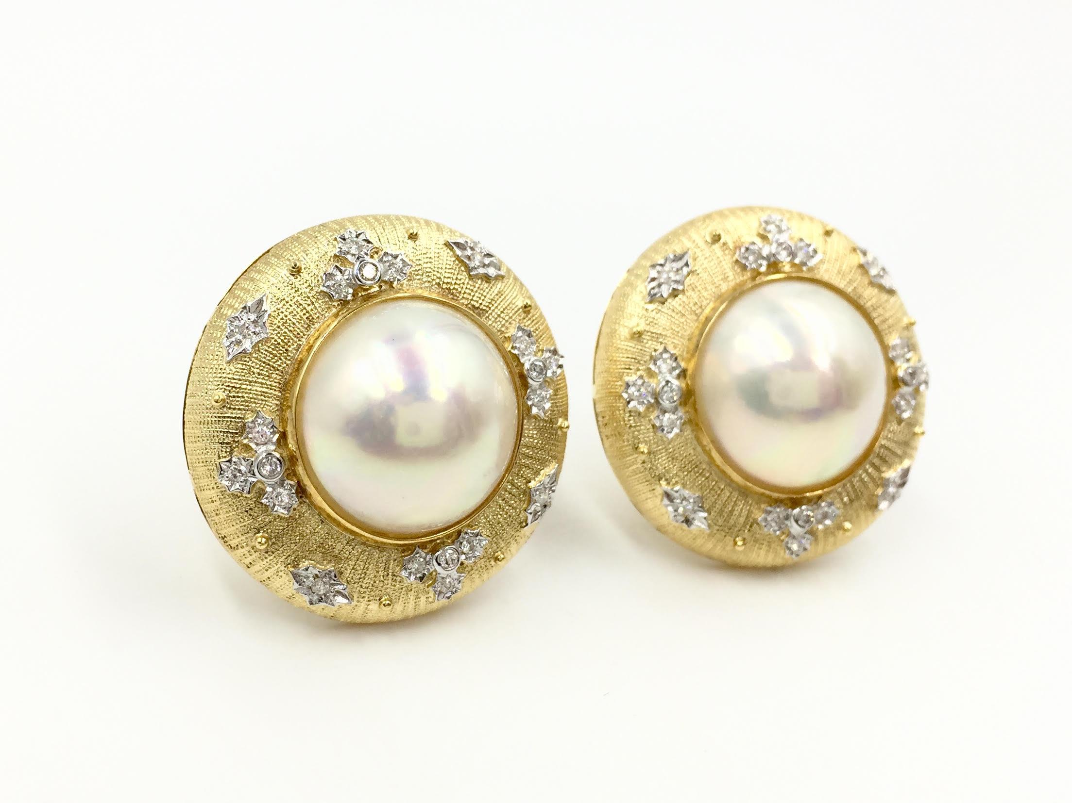 Retro Vintage 18 Karat Gold Genuine Mabé Pearl Diamond Earrings For Sale