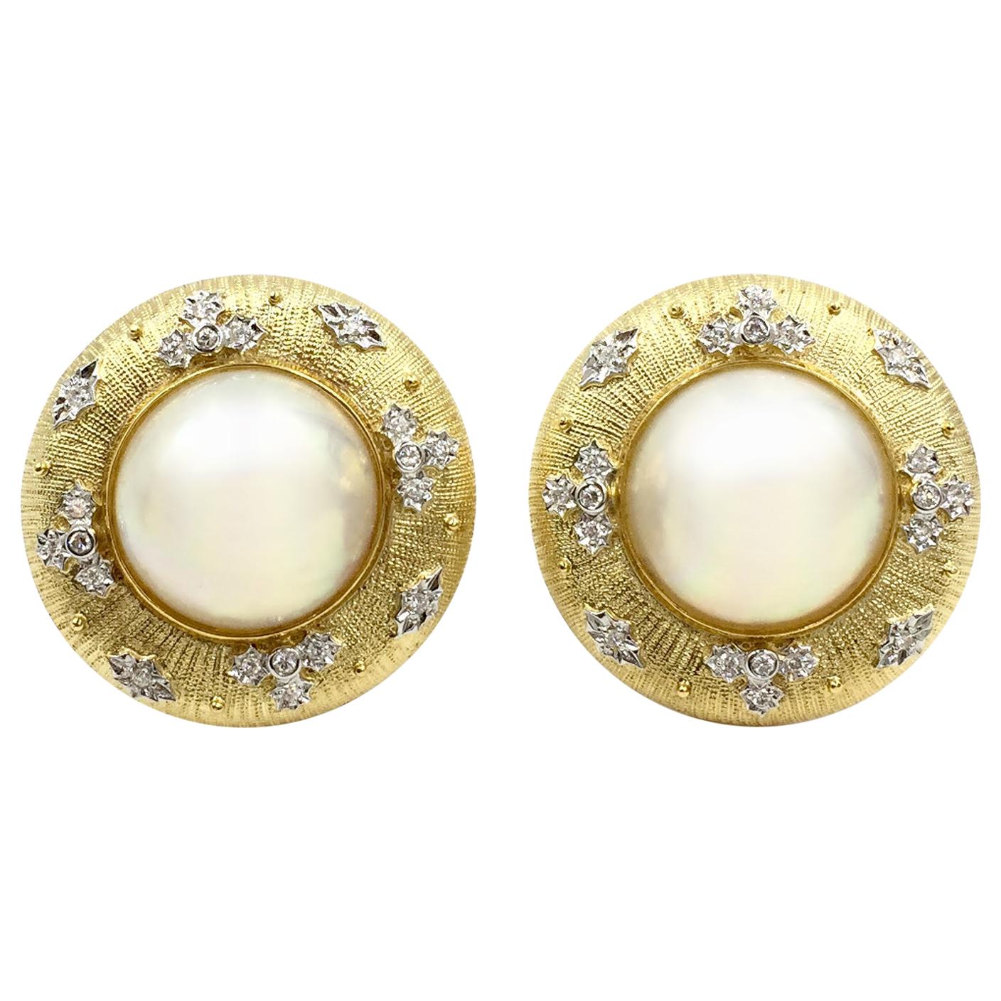 Vintage 18 Karat Gold Genuine Mabé Pearl Diamond Earrings For Sale