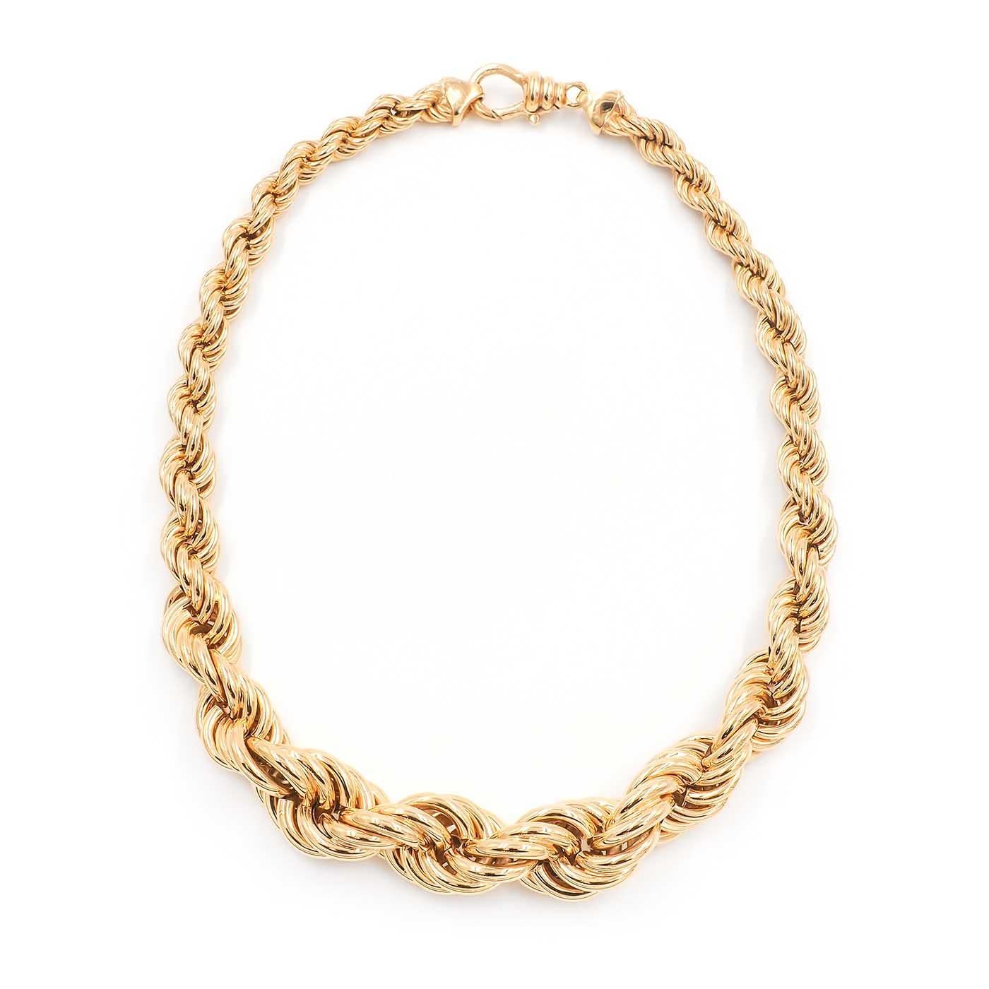Vintage Graduated Twisted Rope Link Goldkette Halskette von 18k gelb zusammen. Mit einem gedrehten Seilglied, das vorne breiter und hinten dünner ist; misst vorne ca. 16,5 mm und hinten 8 mm breit. Die Halskette ist 16,75