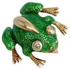 Vintage 18 Karat Gold Green Enamel Diamond Frog Small Pin Brooch
