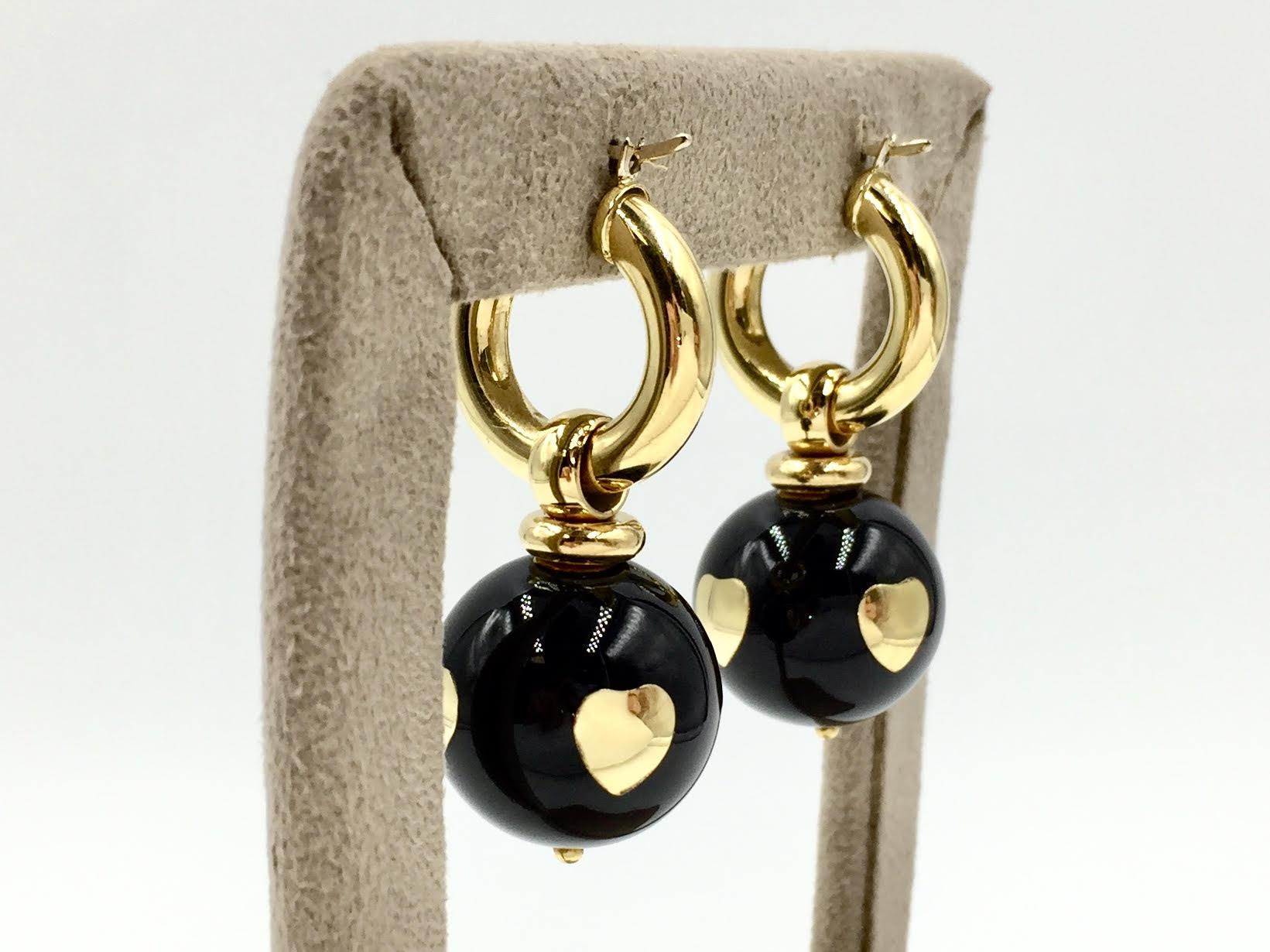 Modern Vintage 18 Karat Gold Italian Made Black Enamel Ball Drop Earrings For Sale