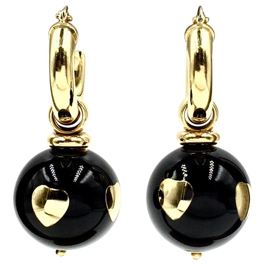 Vintage 18 Karat Gold Italian Made Black Enamel Ball Drop Earrings For Sale