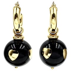 Vintage 18 Karat Gold Italian Made Black Enamel Ball Drop Earrings
