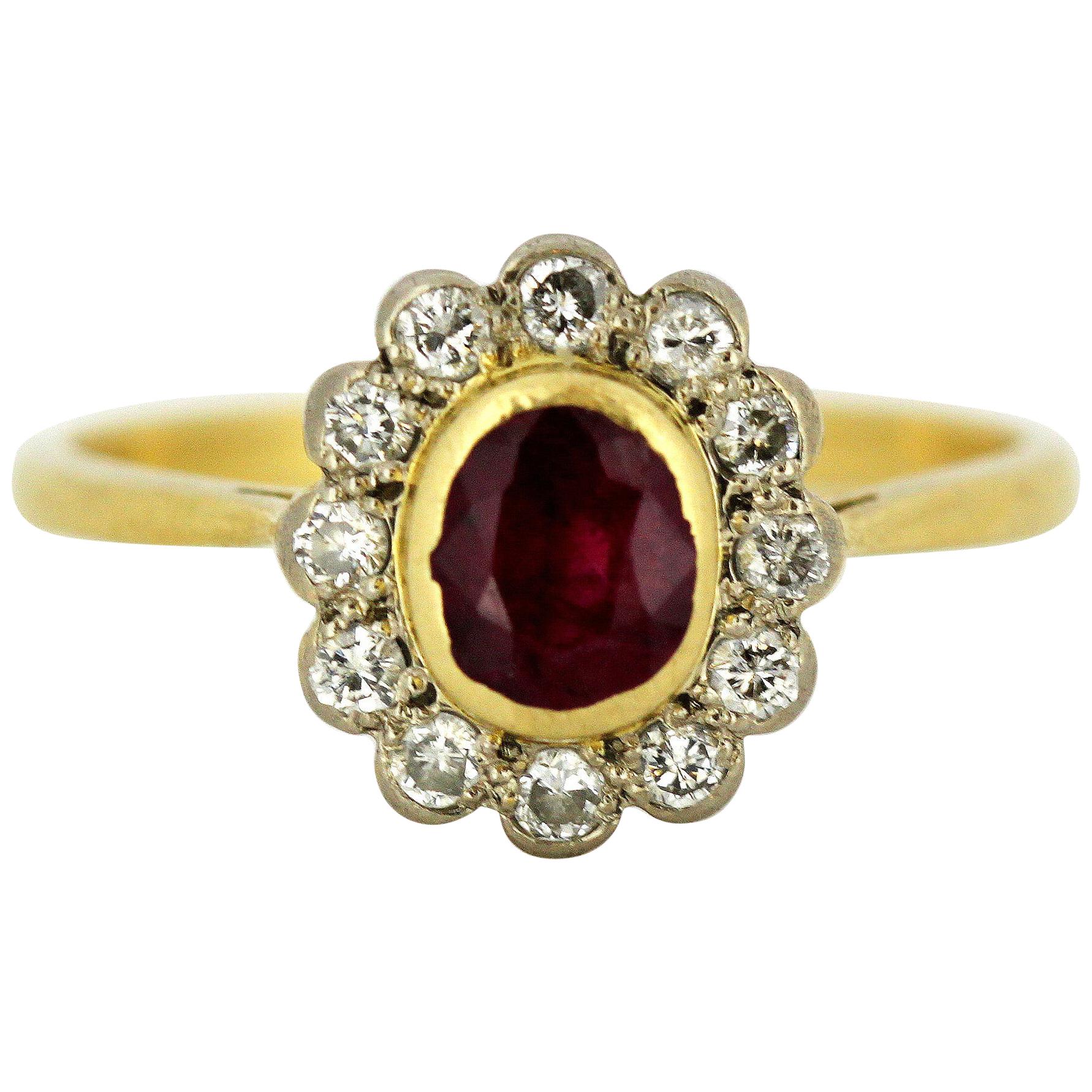 Vintage 18 Karat Gold Ladies Ring with Natural Ruby and Diamonds, London, 1985