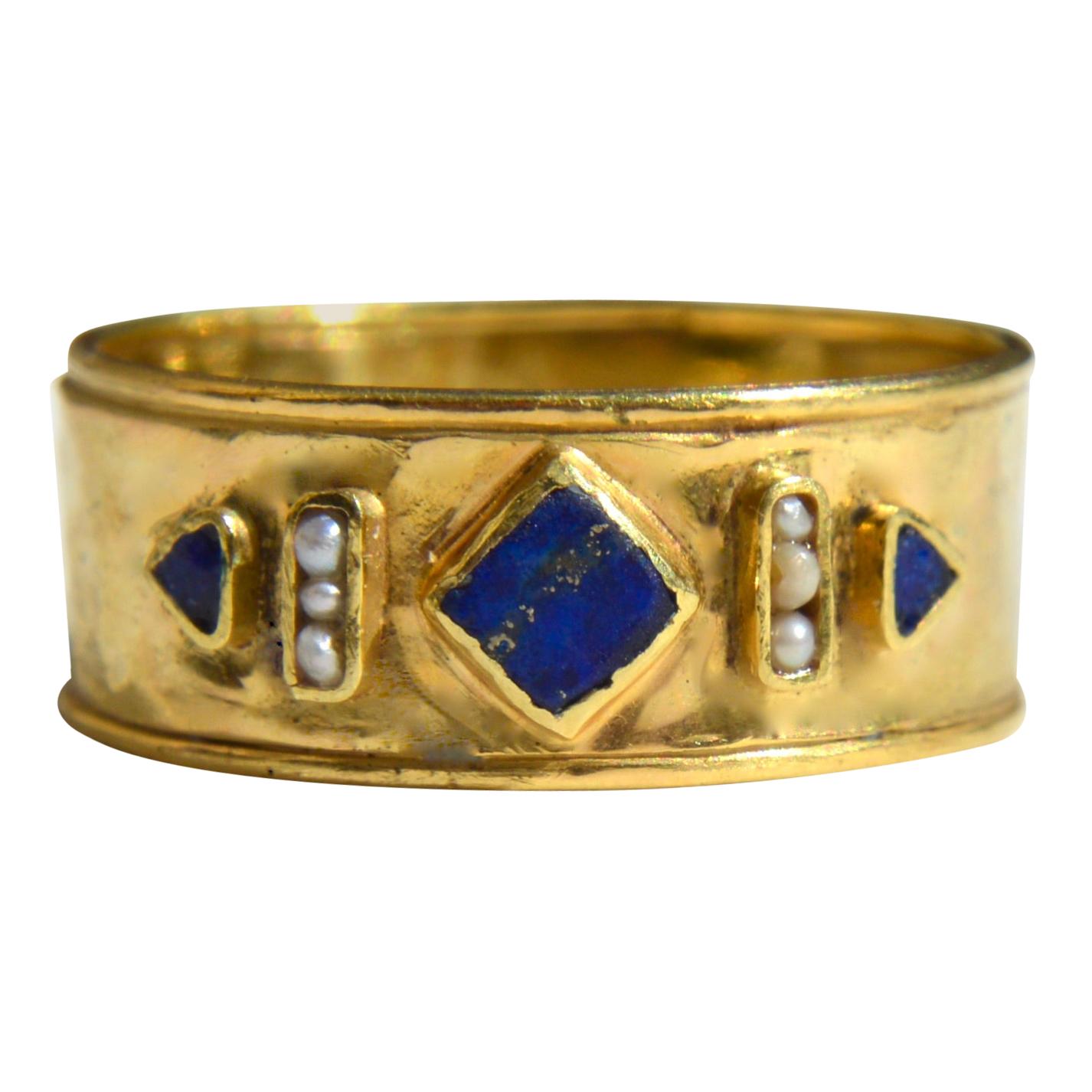 Vintage 18 Karat Gold Lapis Lazuli Seed Pearl Etruscan Revival Cigar Band Ring