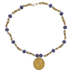 Vintage 18 Karat Gold Lapis Medallion Pendant Necklace