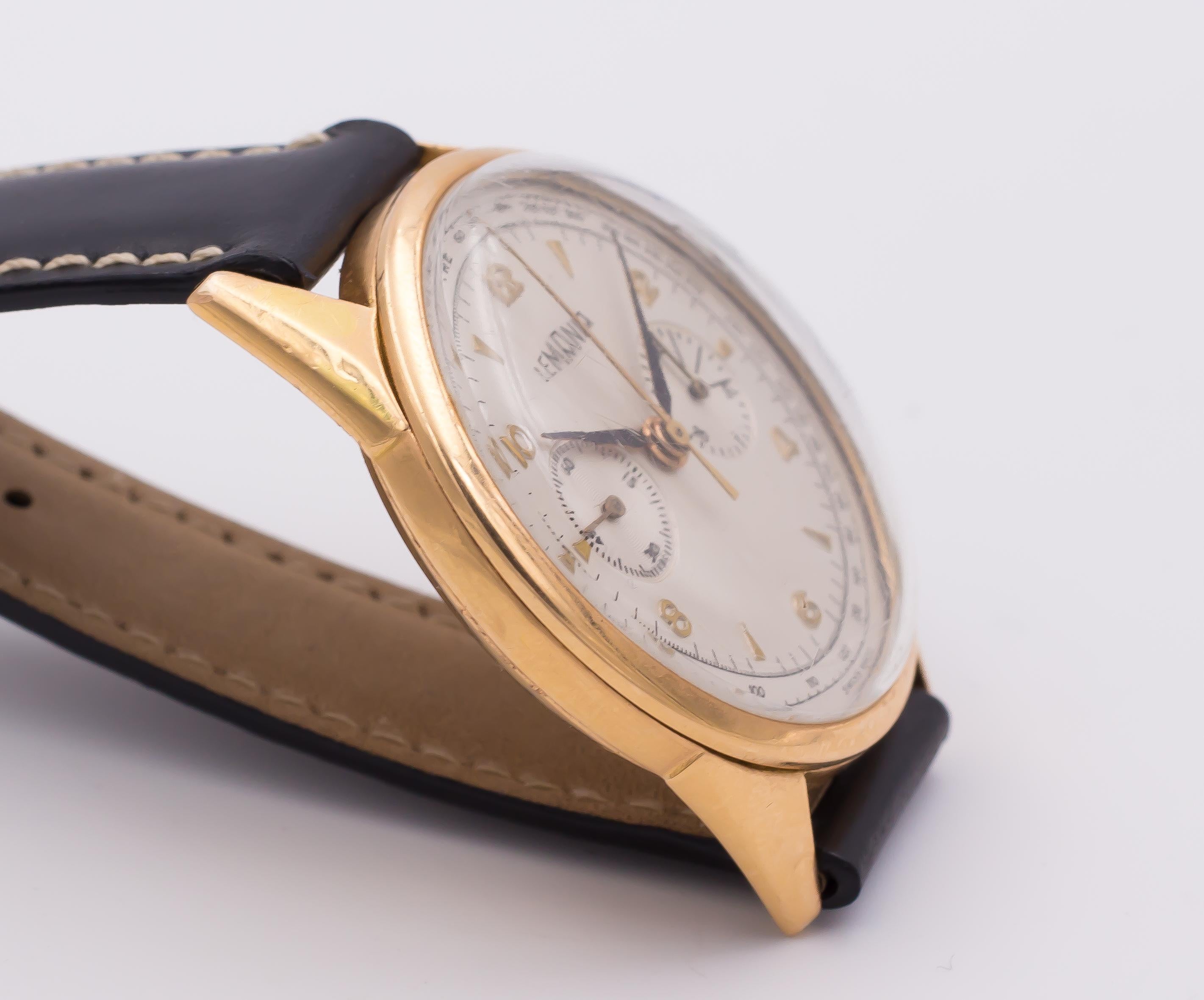 A vintage 18K gold Lemania wrist watch, dating from the 1950s. 
The watch is well working.

BRAND
Lemania

MATERIALS
18K gold

MEASUREMENTS
Diameter: 37 mm