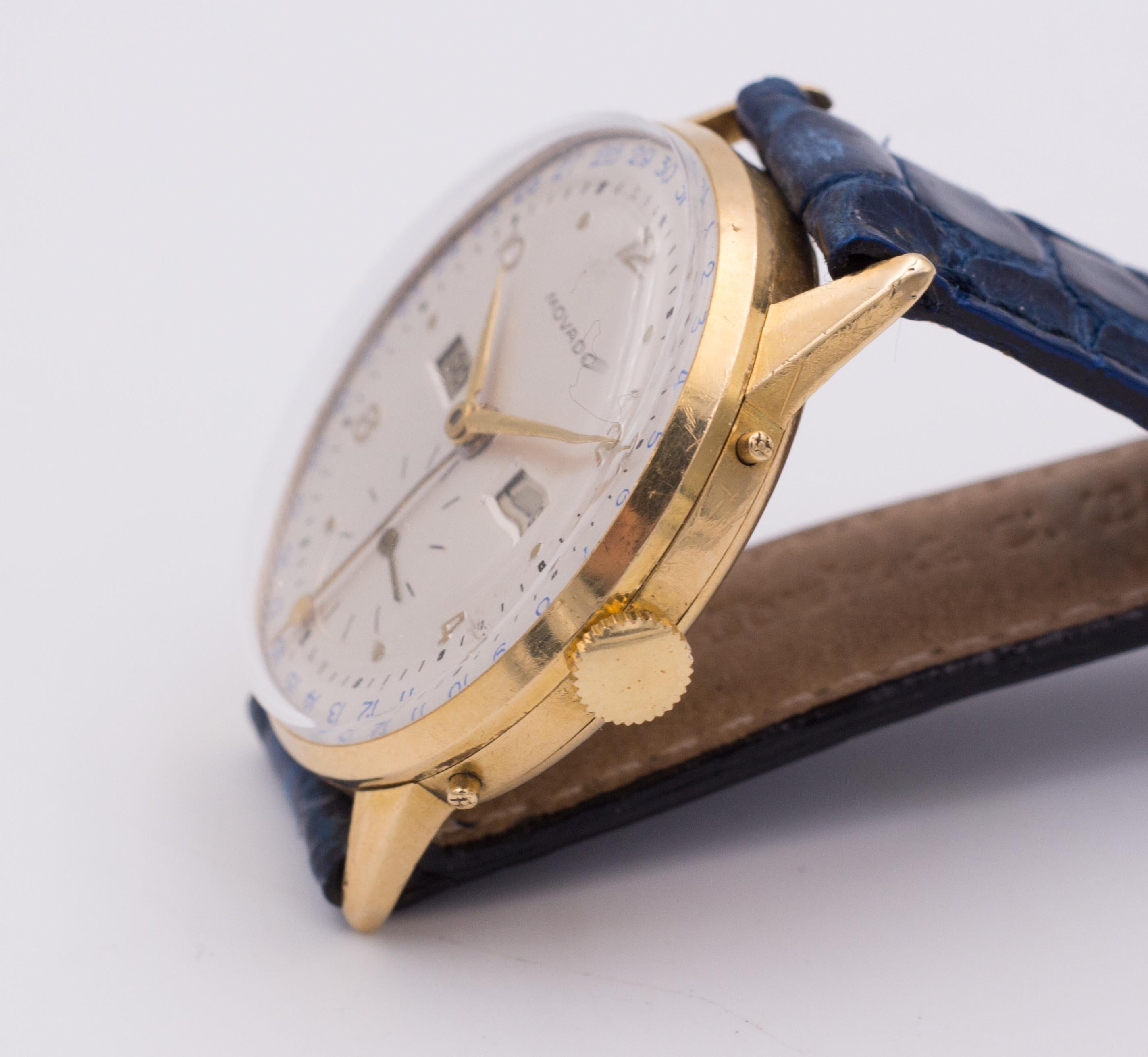 A vintage 18K gold Movado calendar wrist watch, dating from the 1950s

BRAND
Movado

MATERIALS
18K gold

MEASUREMENTS
32 mm