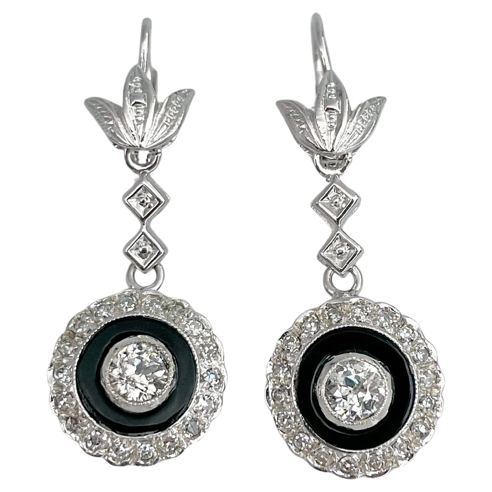 Orecchini vintage con diamante e onice in oro 18 carati con chiusura a leva