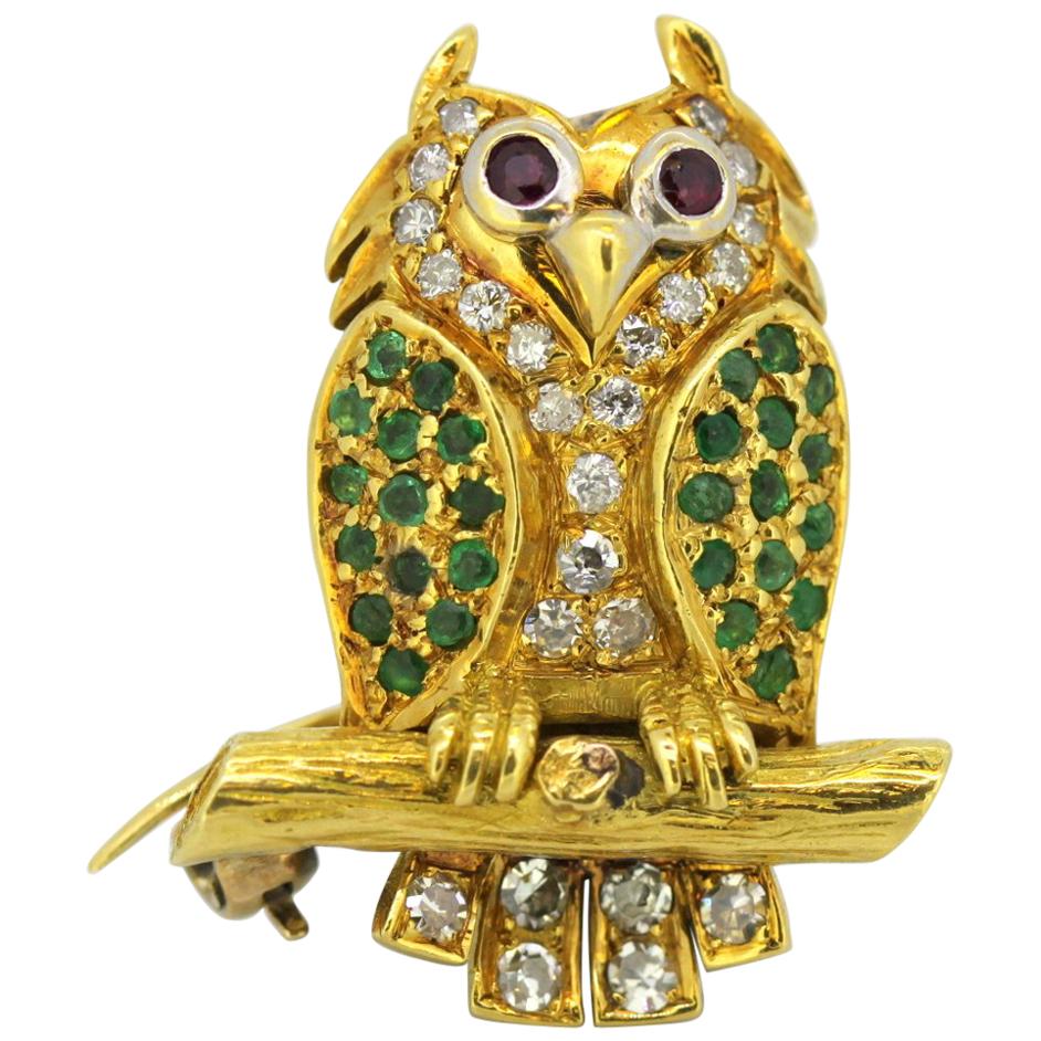 Vintage 18 Karat Gold Owl Brooch with Diamonds, Emeralds and Rubies