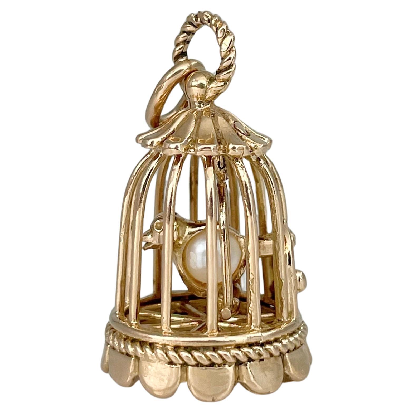 Colgante vintage de oro de 18 quilates con colgante de perla en forma de pájaro en una jaula