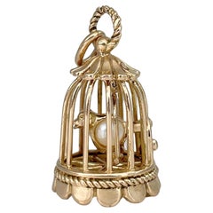Pendentif vintage en or 18 carats avec breloque en forme de perle et d
oiseau en cage
