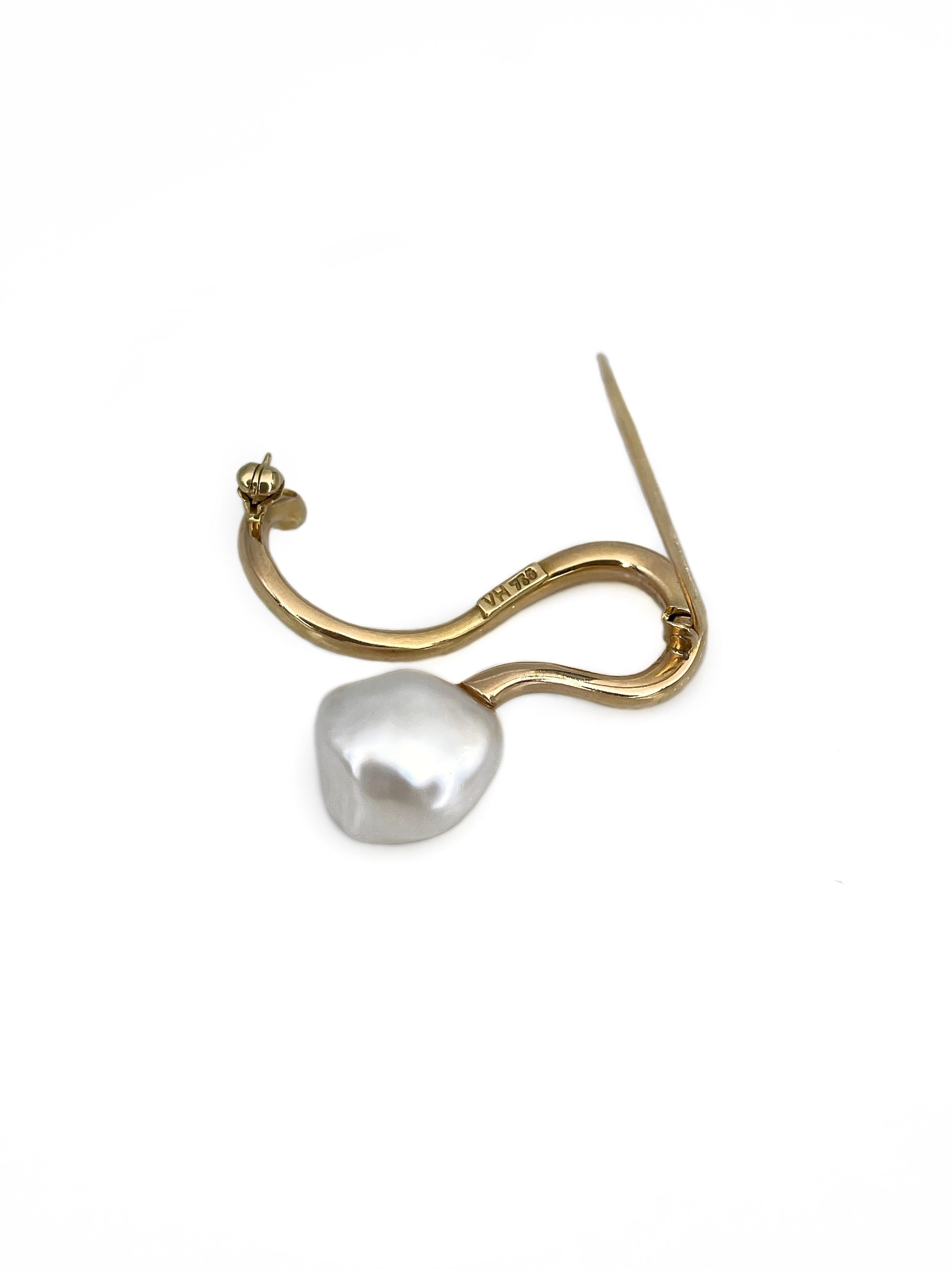 Modern Vintage 18 Karat Gold Pearl Diamond Curved Pin Brooch