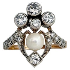 Vintage 18 Karat Gold Pearl Diamond Tiara Ring