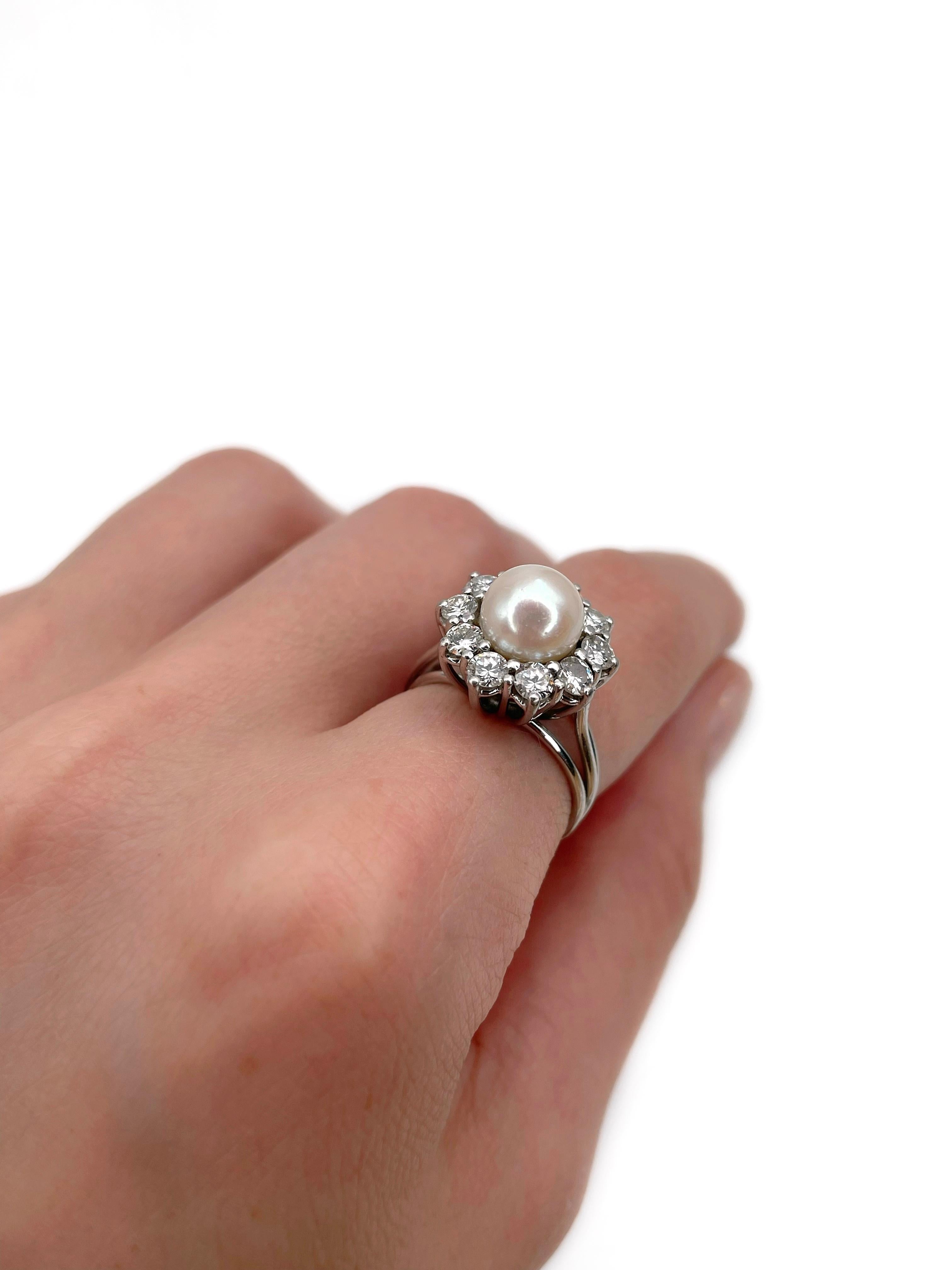 Moderne Bague vintage en or 18 carats avec perles TW et diamants de 1,00 carat en vente