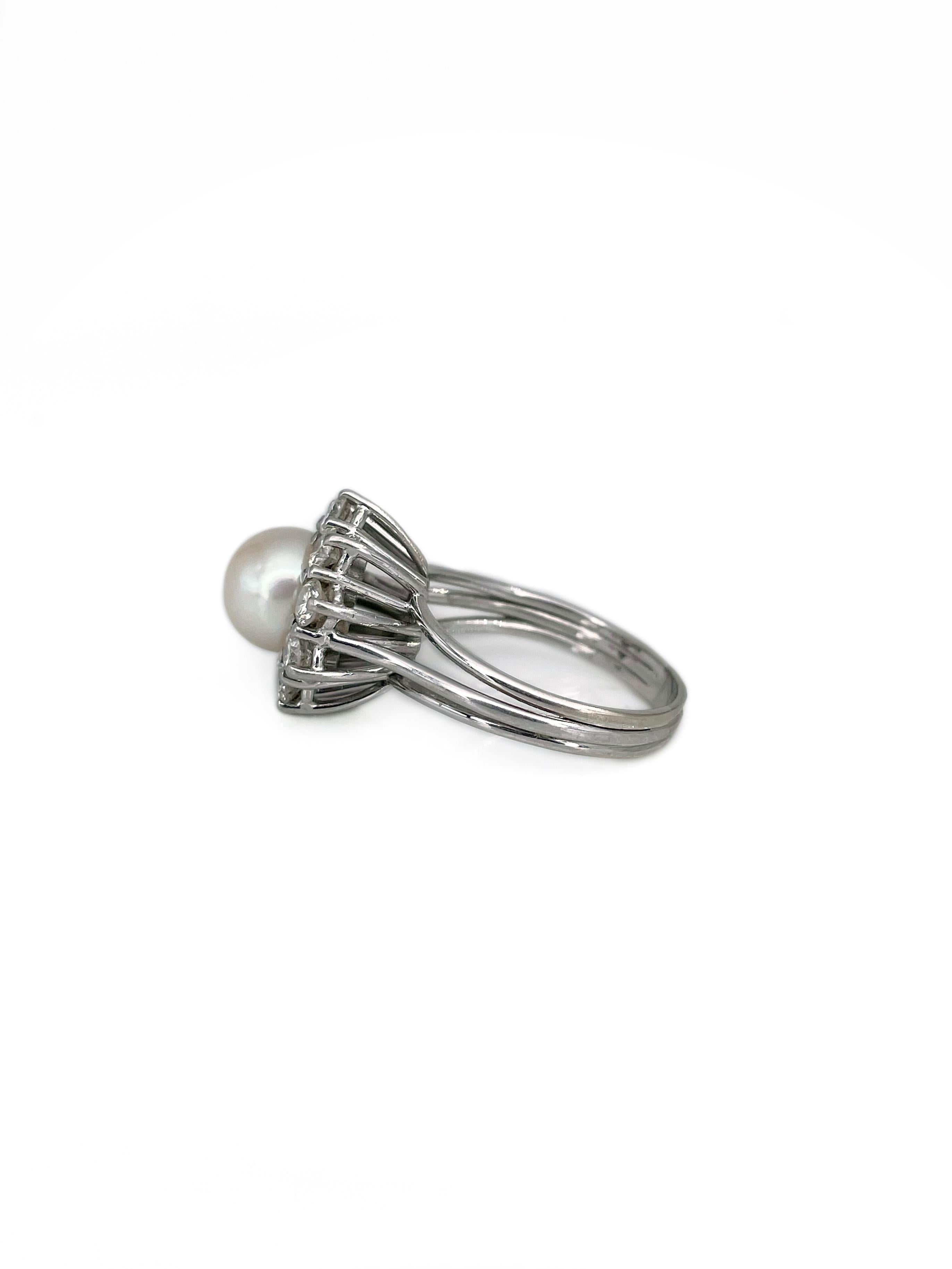 Taille mixte Bague vintage en or 18 carats avec perles TW et diamants de 1,00 carat en vente