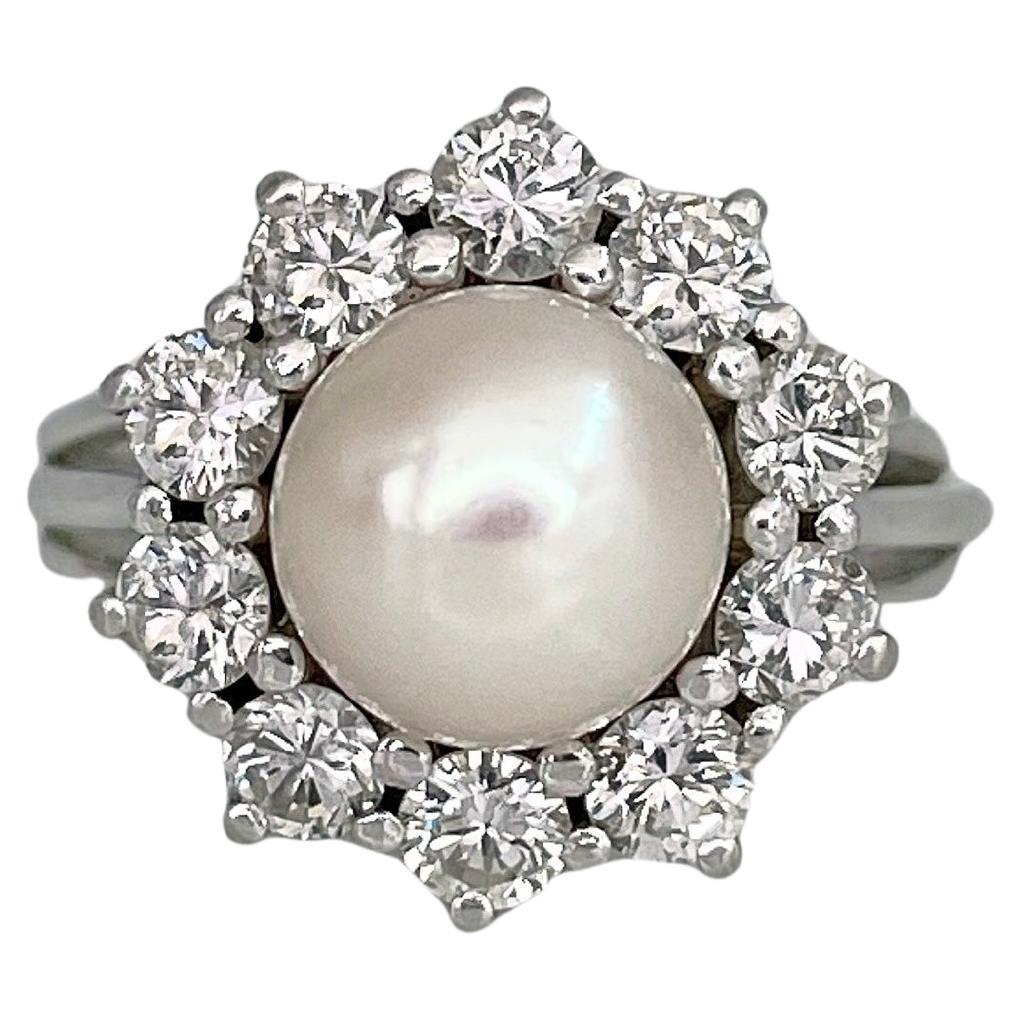 Bague vintage en or 18 carats avec perles TW et diamants de 1,00 carat en vente