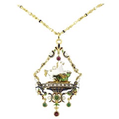 Vintage 18 Karat Gold Pegasus and Dragon Pendant, Diamonds, Rubies, Emeralds