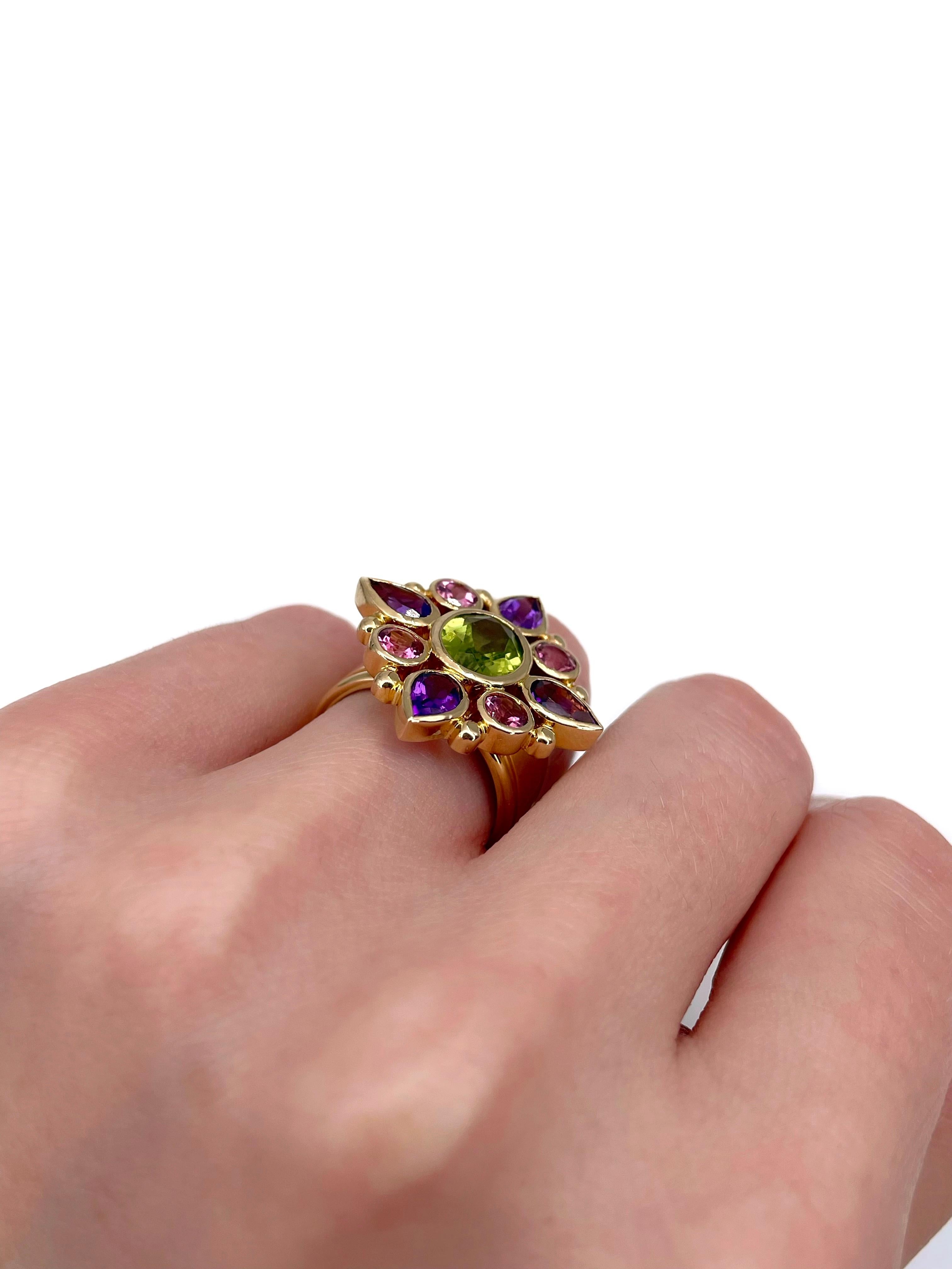 Modern Vintage 18 Karat Gold Peridot Amethyst Tourmaline Cocktail Ring