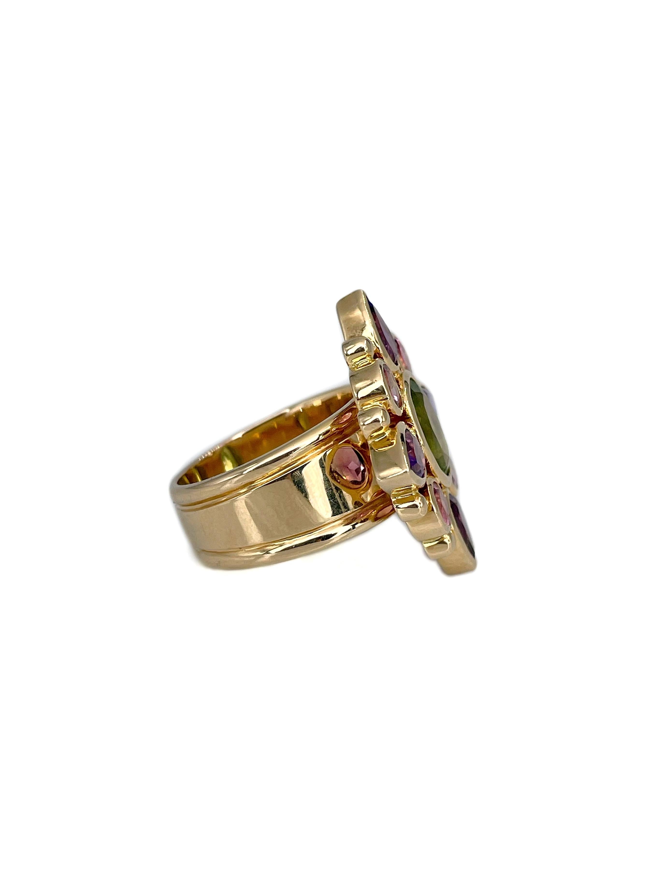 Mixed Cut Vintage 18 Karat Gold Peridot Amethyst Tourmaline Cocktail Ring