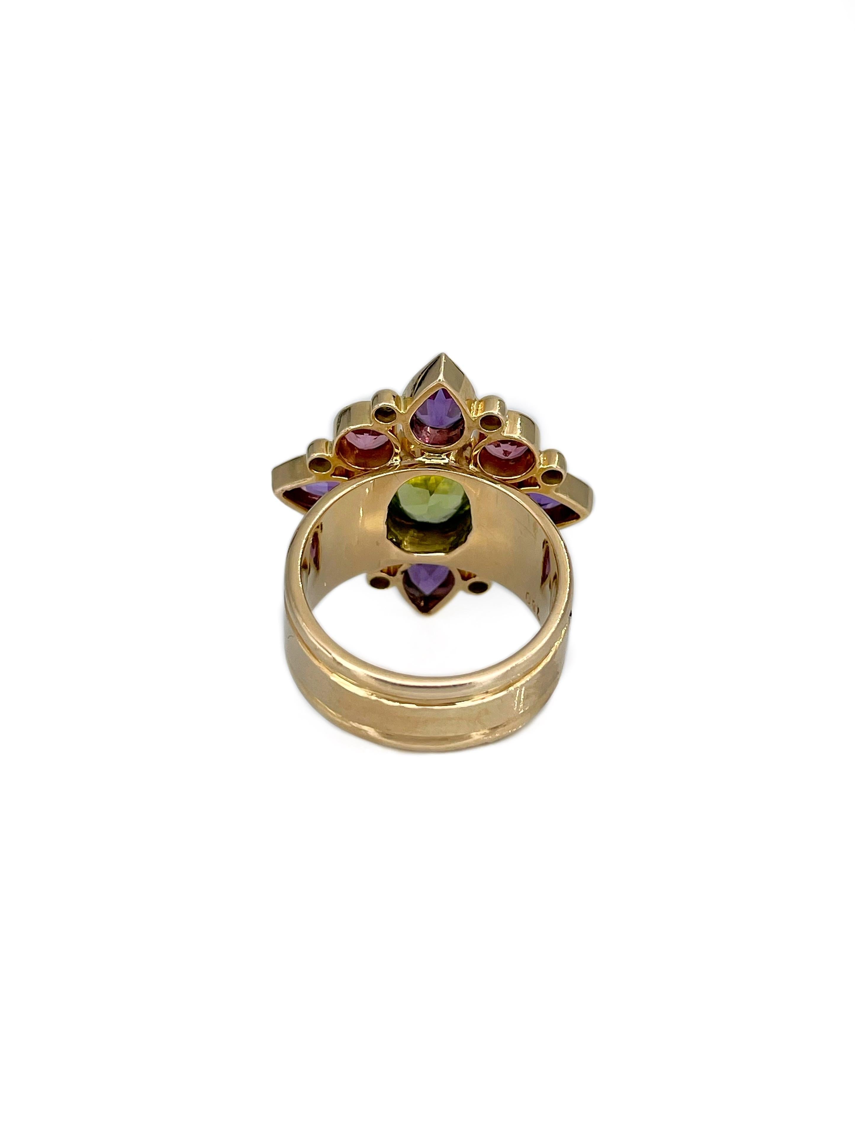 Vintage 18 Karat Gold Peridot Amethyst Tourmaline Cocktail Ring In Good Condition In Vilnius, Vilniaus apskr.
