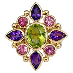 Vintage 18 Karat Gold Peridot Amethyst Tourmaline Cocktail Ring