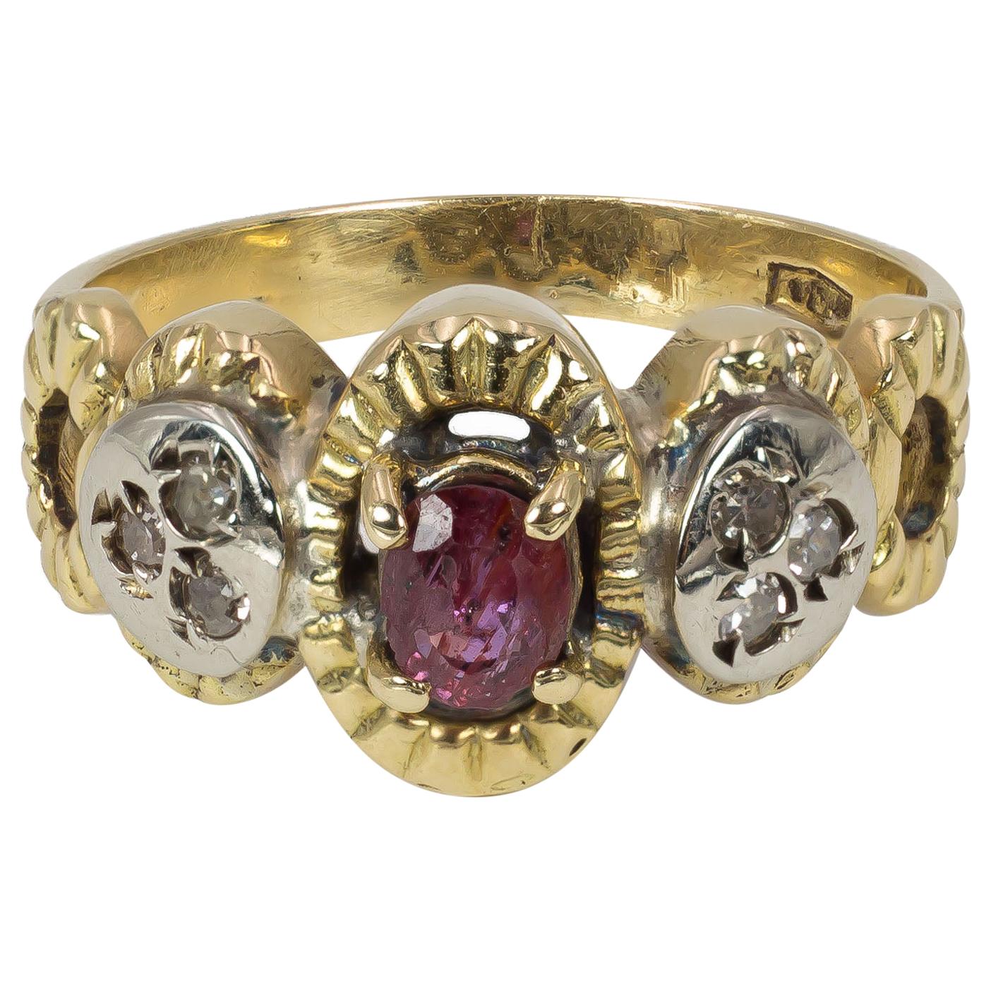 Vintage 18 Karat Gold, Ruby and Diamond Ring, 1970s For Sale