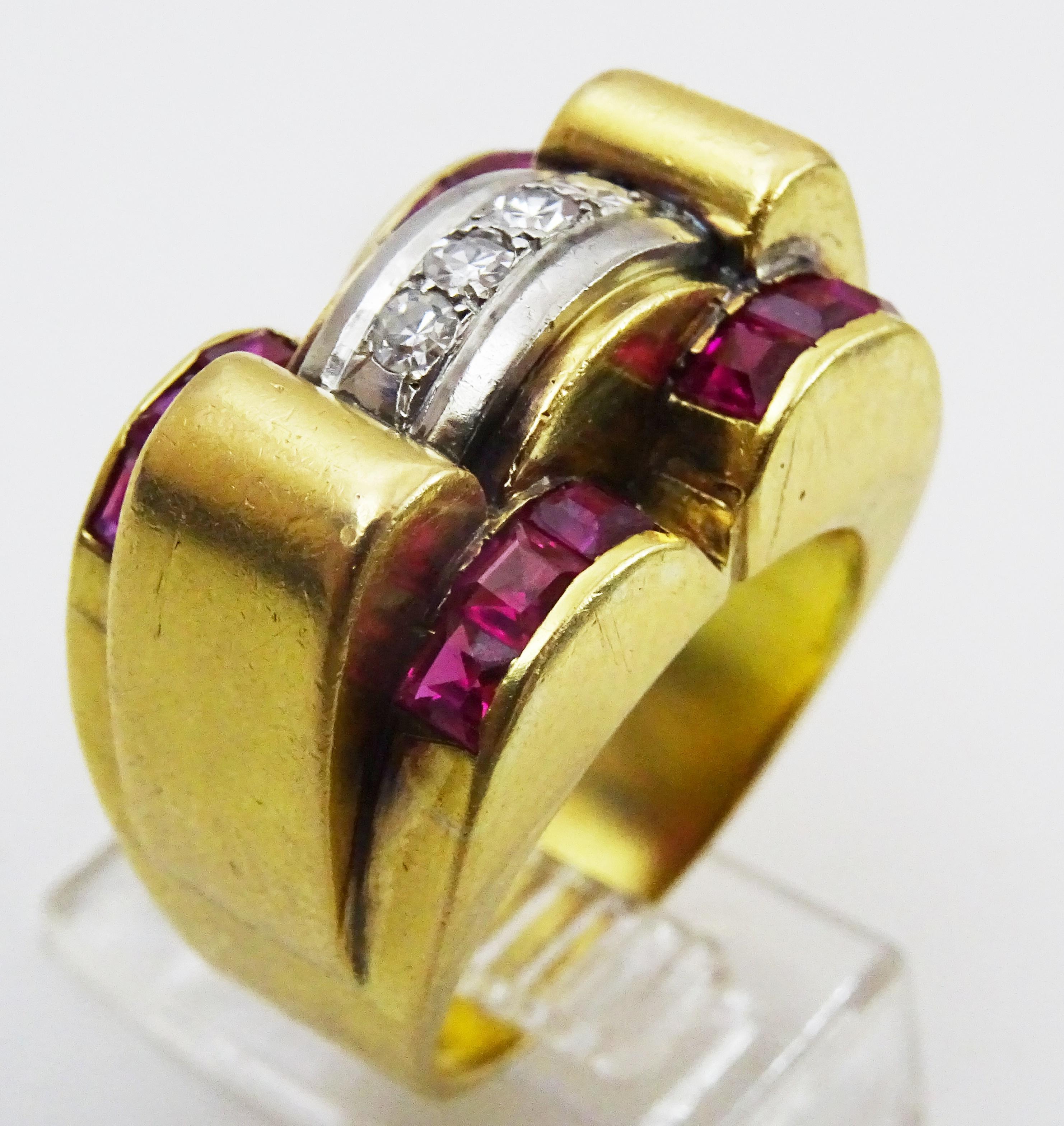 For Sale:   Vintage 18 karat Gold Ruby and Diamond Tank Ring 2