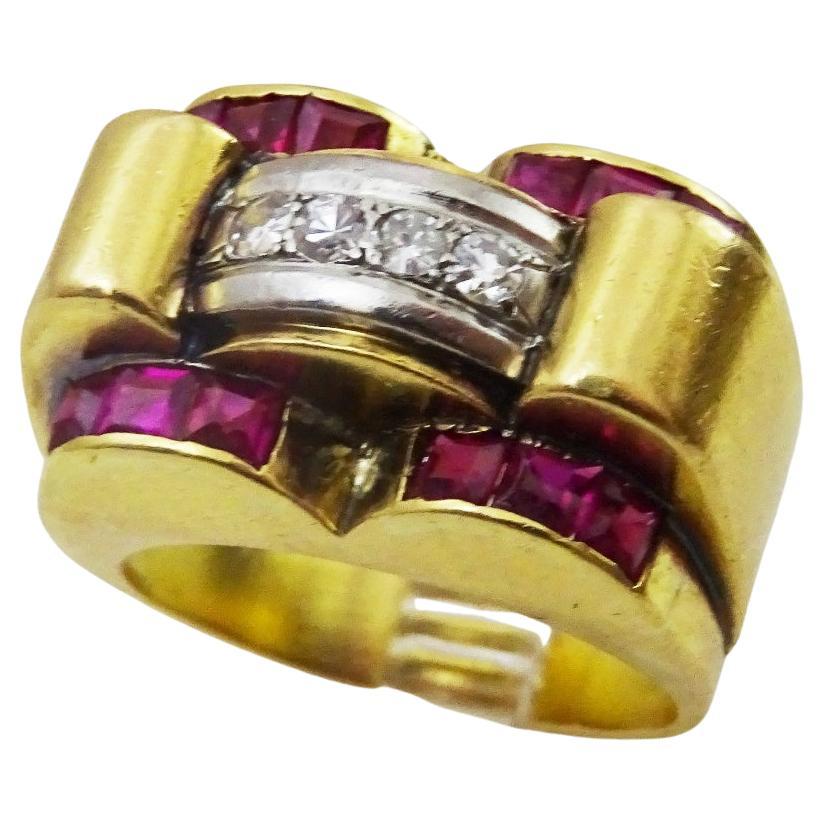 For Sale:   Vintage 18 karat Gold Ruby and Diamond Tank Ring