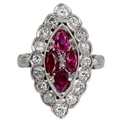 Vintage 18 Karat Gold Ruby Diamond Navette Cocktail Ring