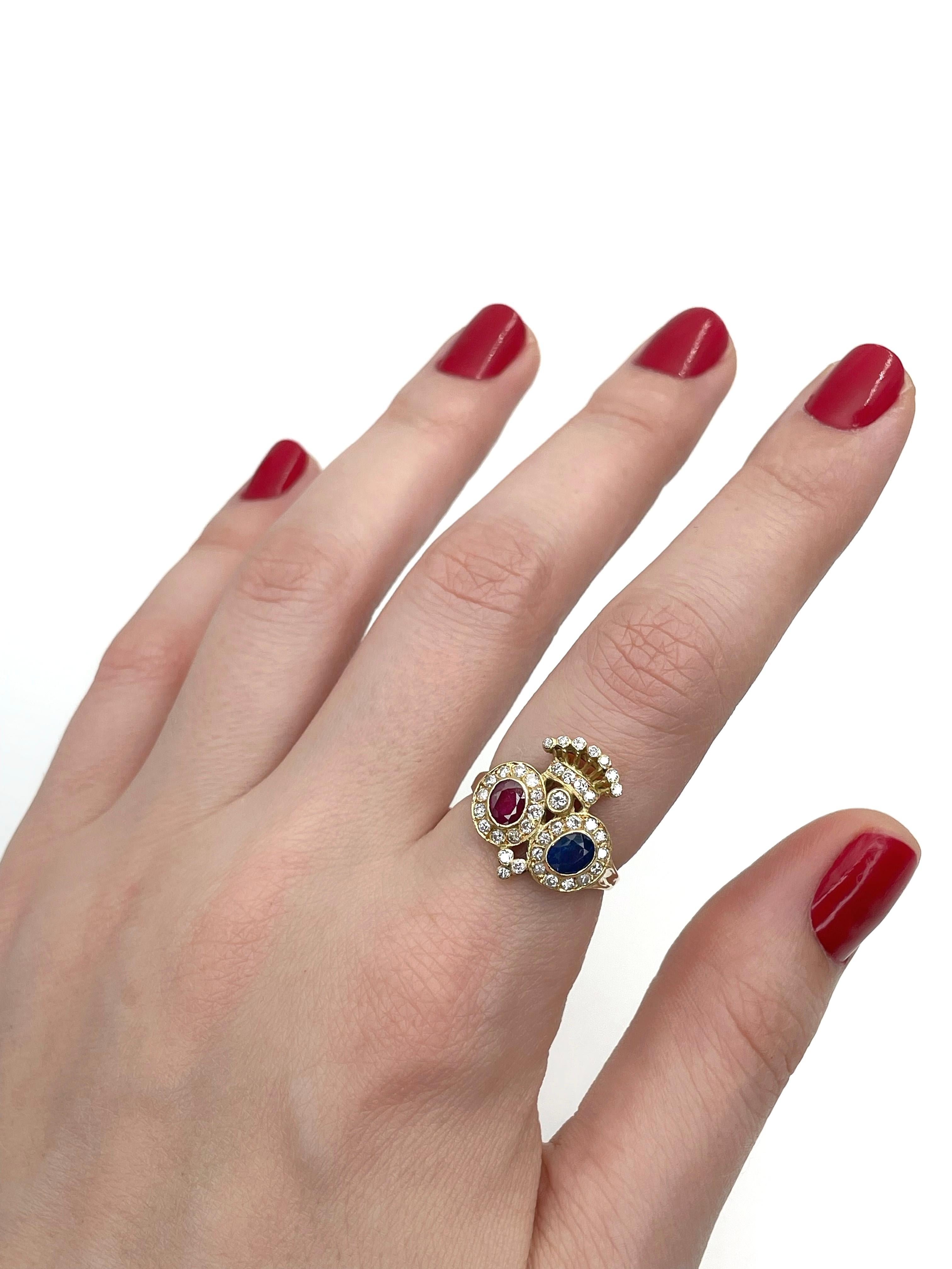 Mixed Cut Vintage 18 Karat Gold Ruby Sapphire Diamond Twin Crowned Hearts Ring