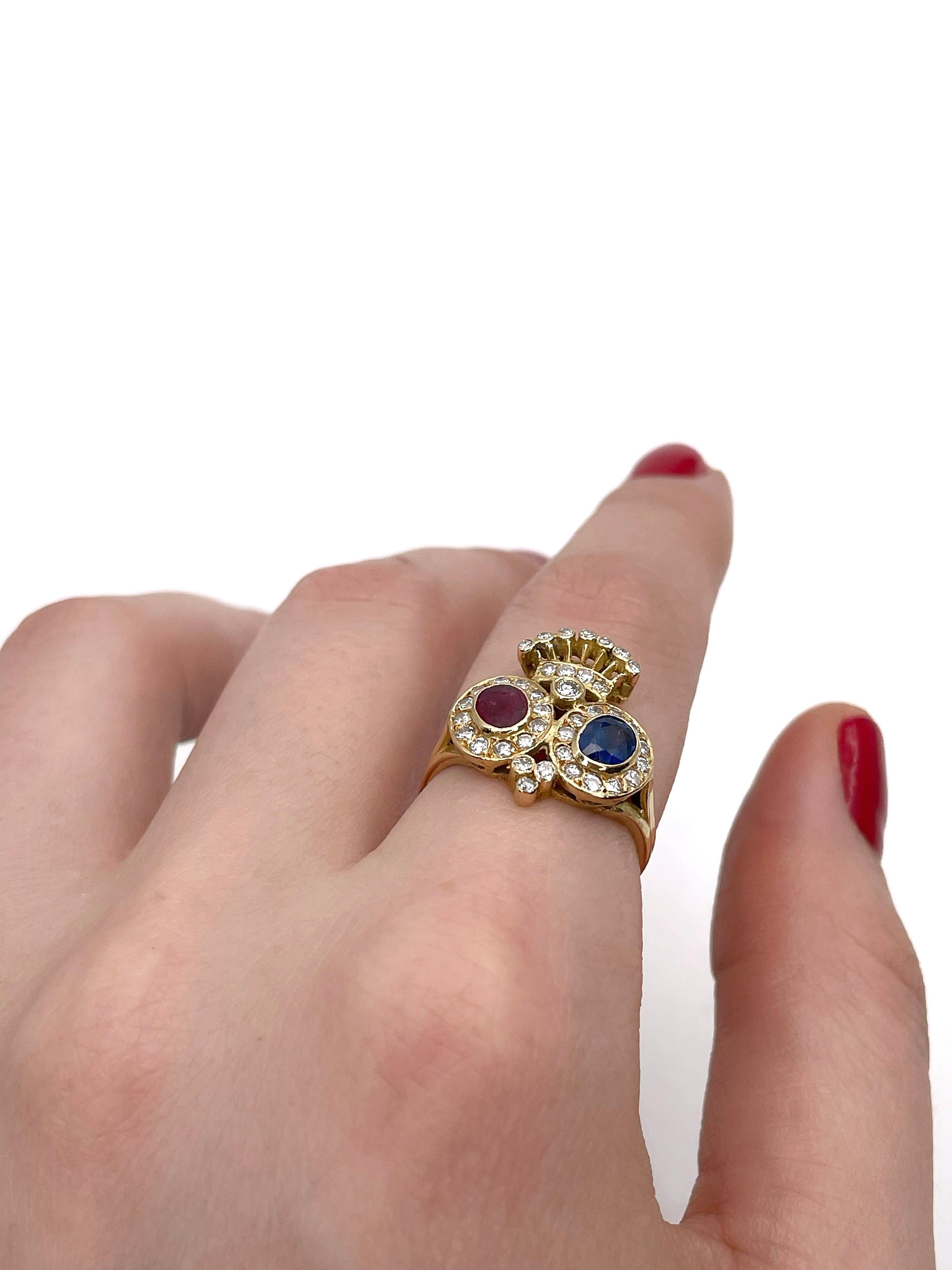 Vintage 18 Karat Gold Ruby Sapphire Diamond Twin Crowned Hearts Ring In Good Condition In Vilnius, LT