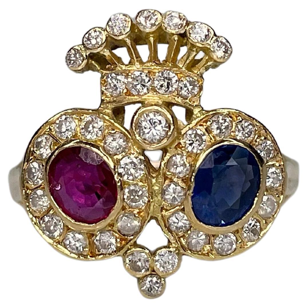 Vintage 18 Karat Gold Ruby Sapphire Diamond Twin Crowned Hearts Ring