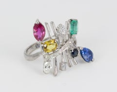 Vintage 18 Karat Gold, Ruby, Topaz, Emerald, Sapphire and Diamond Ring, 1970s