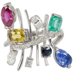 Vintage 18 Karat Gold, Ruby, Topaz, Emerald, Sapphire and Diamond Ring, 1970s