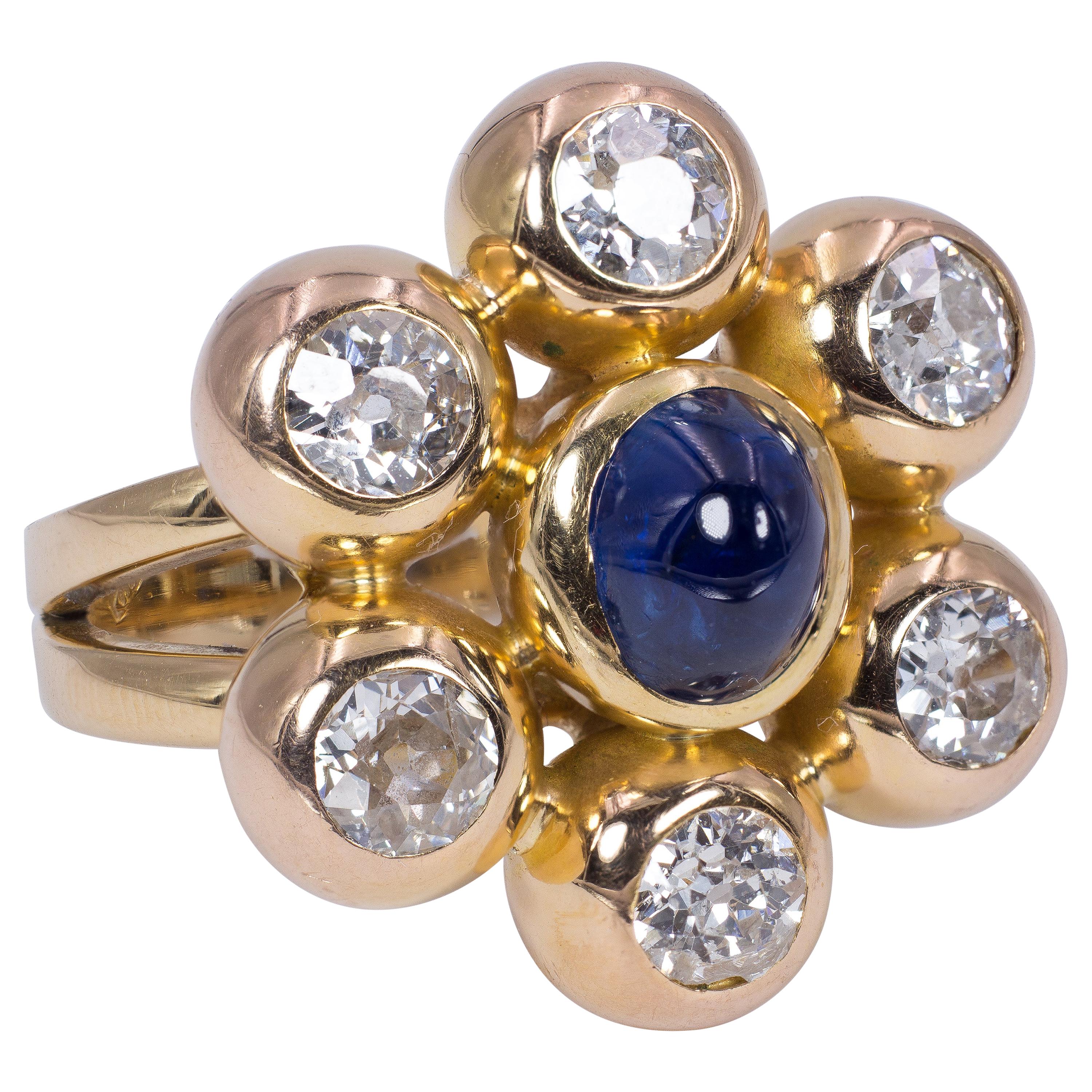 Vintage 18 Karat Gold, Sapphire and Diamond Ring, 1980s For Sale