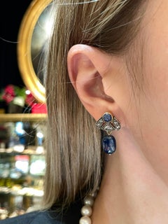 Vintage 18 Karat Gold Sapphire Diamond Drop Stud Earrings