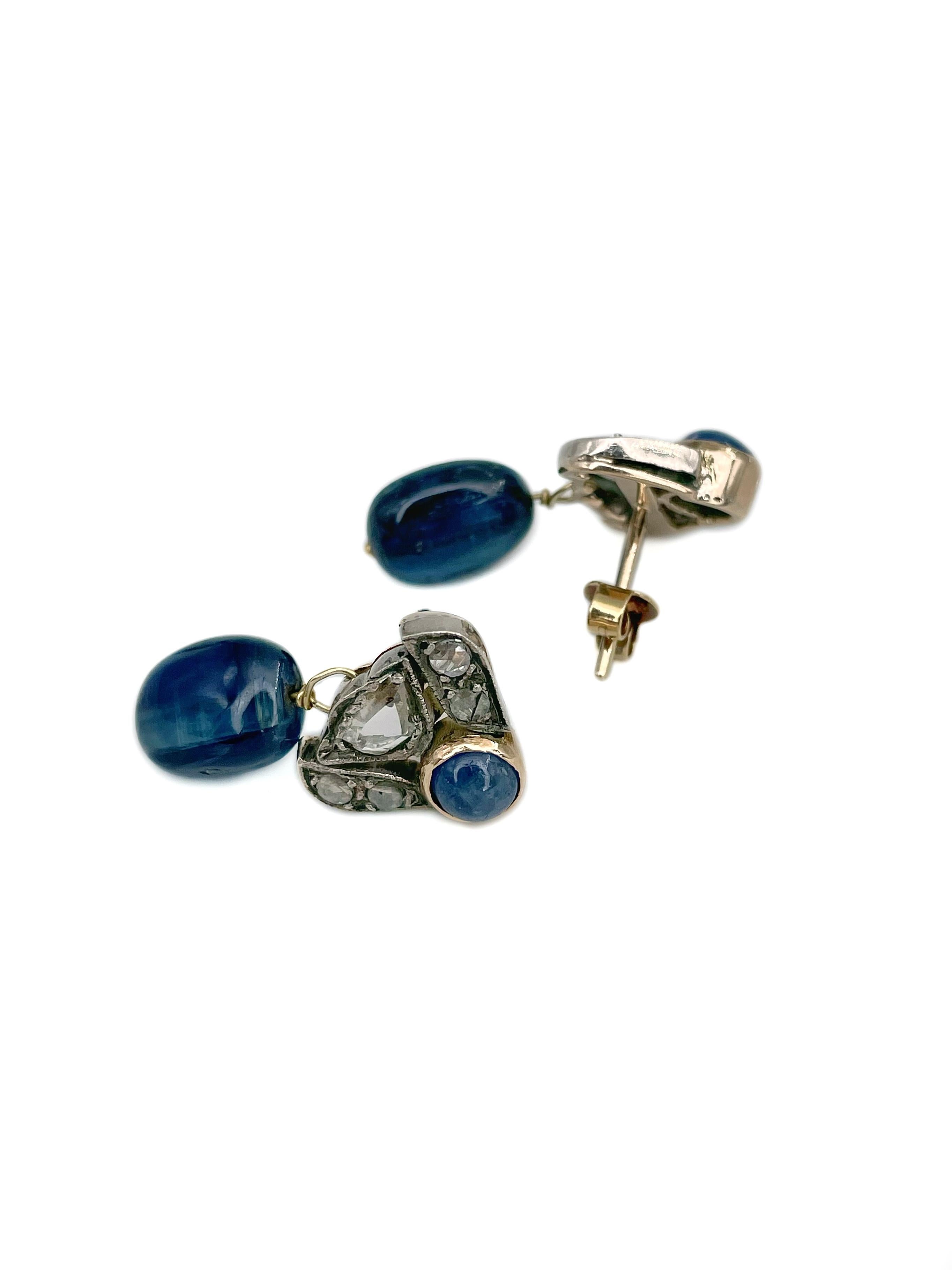 Retro Vintage 18 Karat Gold Sapphire Diamond Drop Stud Earrings For Sale