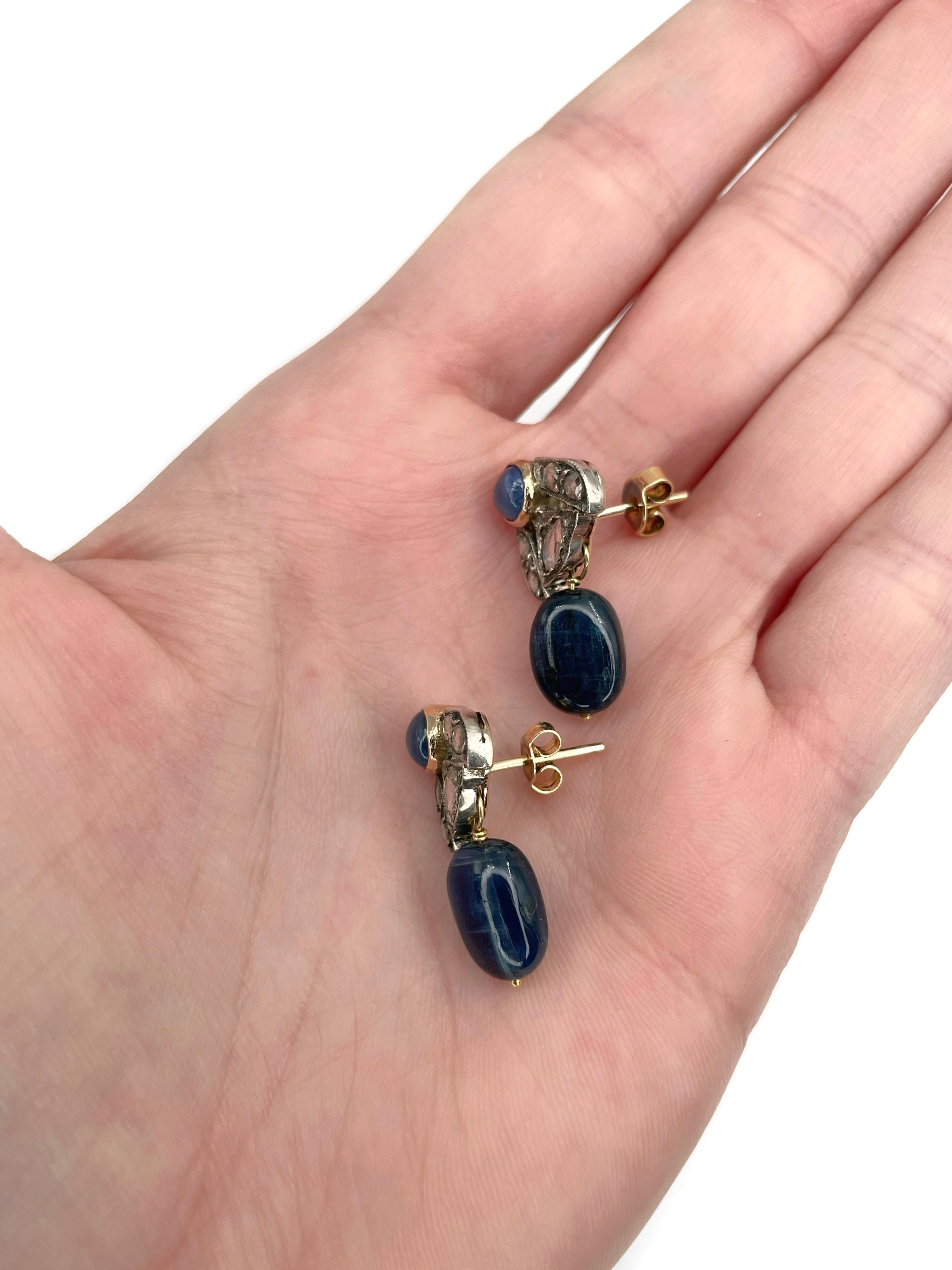 Mixed Cut Vintage 18 Karat Gold Sapphire Diamond Drop Stud Earrings For Sale