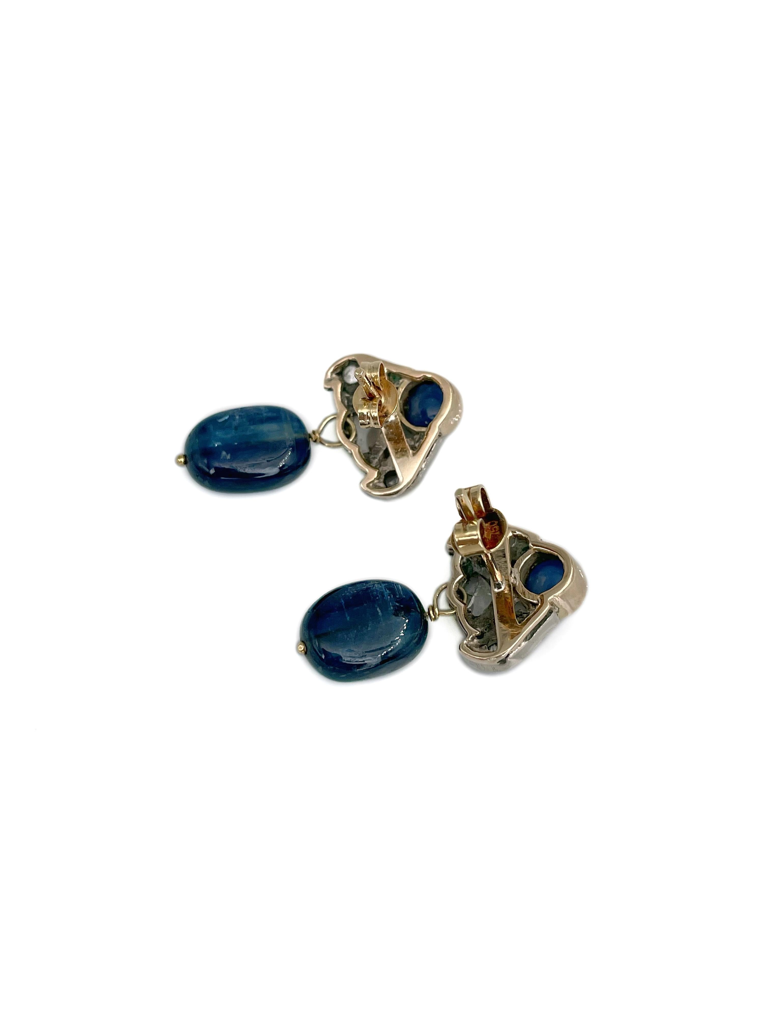 Vintage 18 Karat Gold Sapphire Diamond Drop Stud Earrings In Good Condition For Sale In Vilnius, Vilniaus apskr.