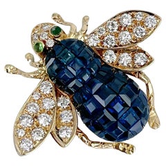 Vintage By, oro 18 carati, zaffiro, diamante, smeraldo, piccola spilla ape
