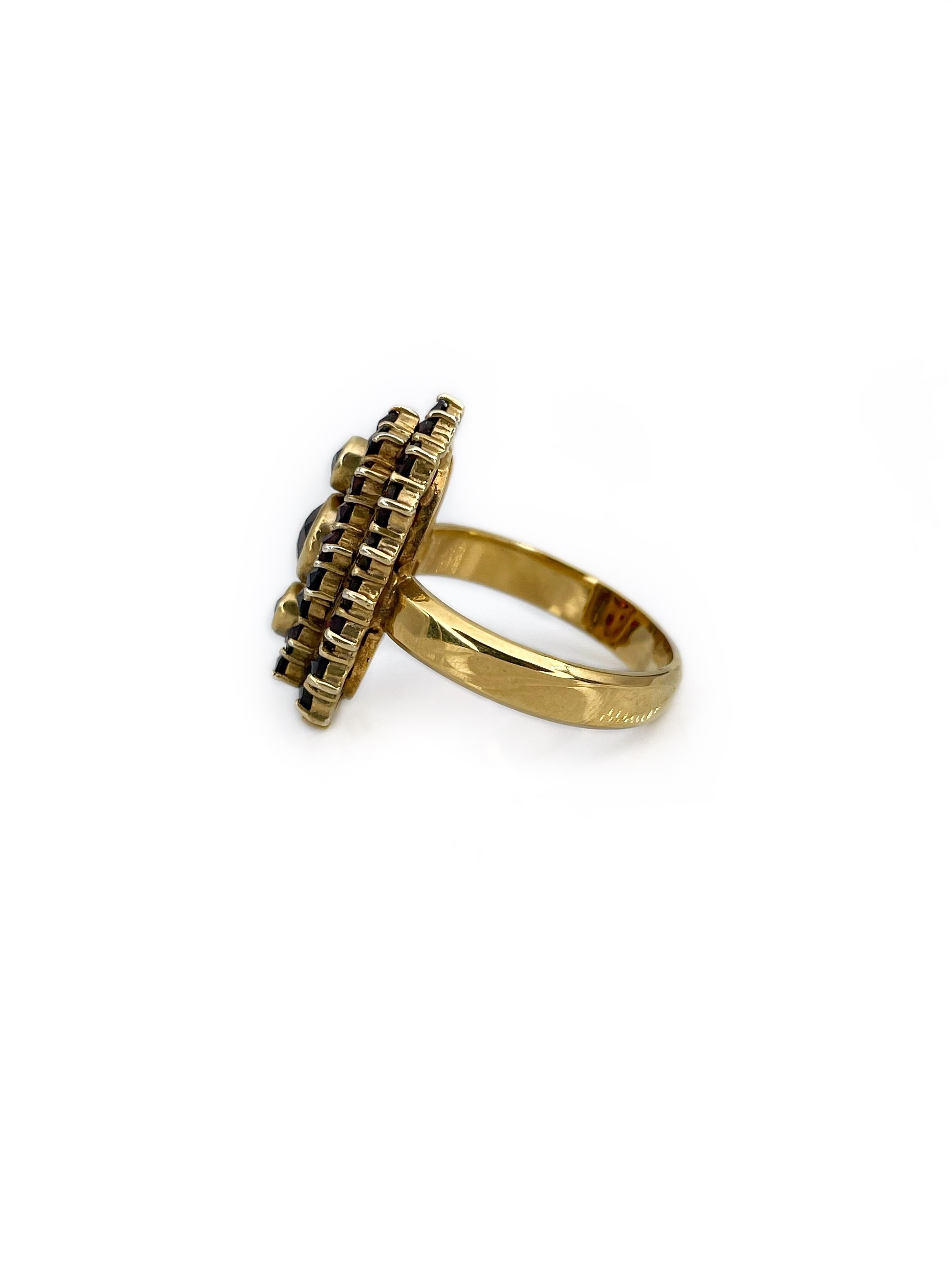 Modern Vintage 18 Karat Gold Silver Garnet Vertical Cocktail Ring For Sale