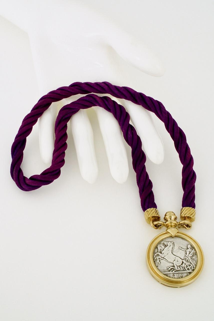 Vintage 18 Karat Gold Silver Sapphire Italian Coin Cord Collier Necklace In Good Condition In Sydney, NSW