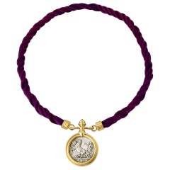 Vintage 18 Karat Gold Silver Sapphire Italian Coin Cord Collier Necklace