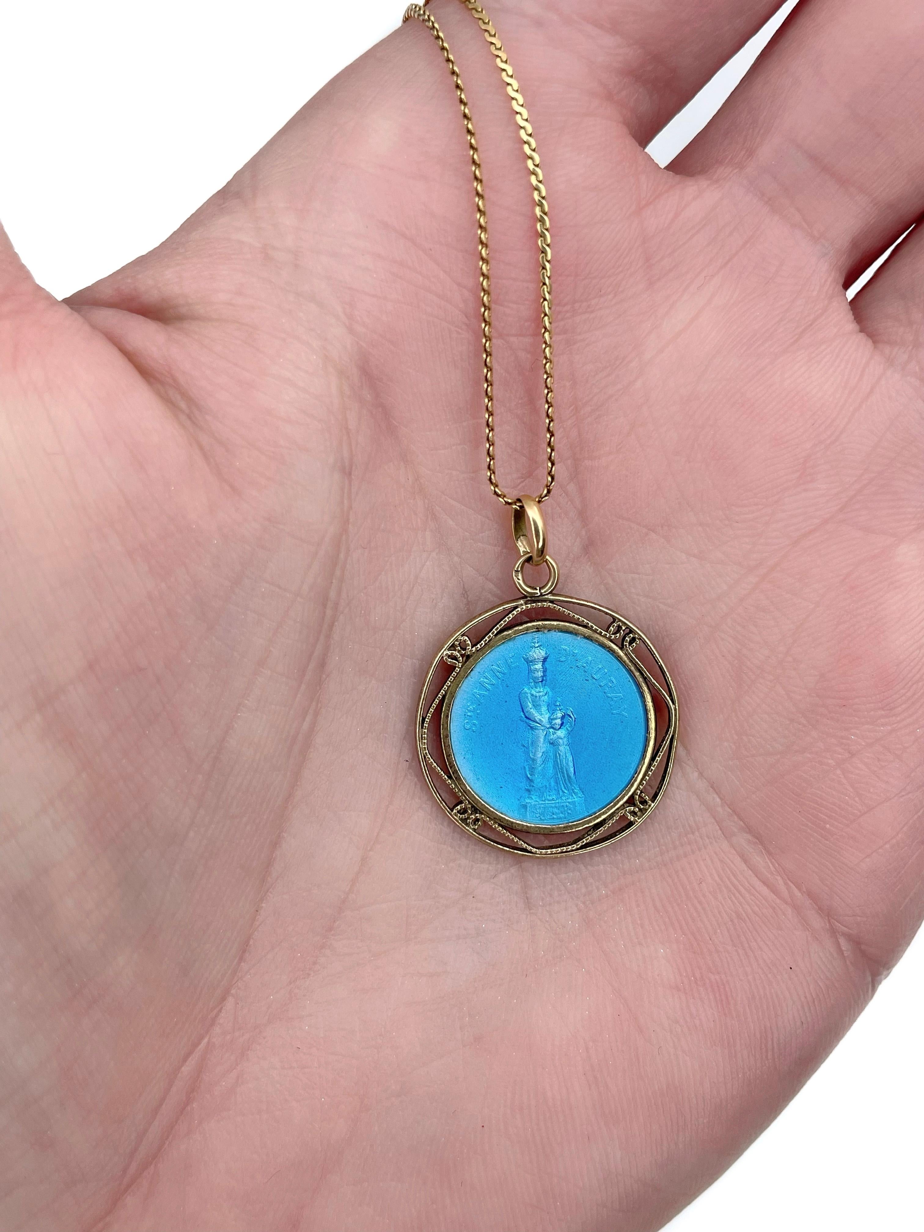 This is a vintage St. Anne D’Auray religious pendant with a chain. It is crafted in 18K yellow gold. Circa 1960. 

The piece features blue enamel. 

Weight: 5.15g
Pendant size: 2.5x1.9cm
Chain length: 52.5cm 

———

If you have any questions, please