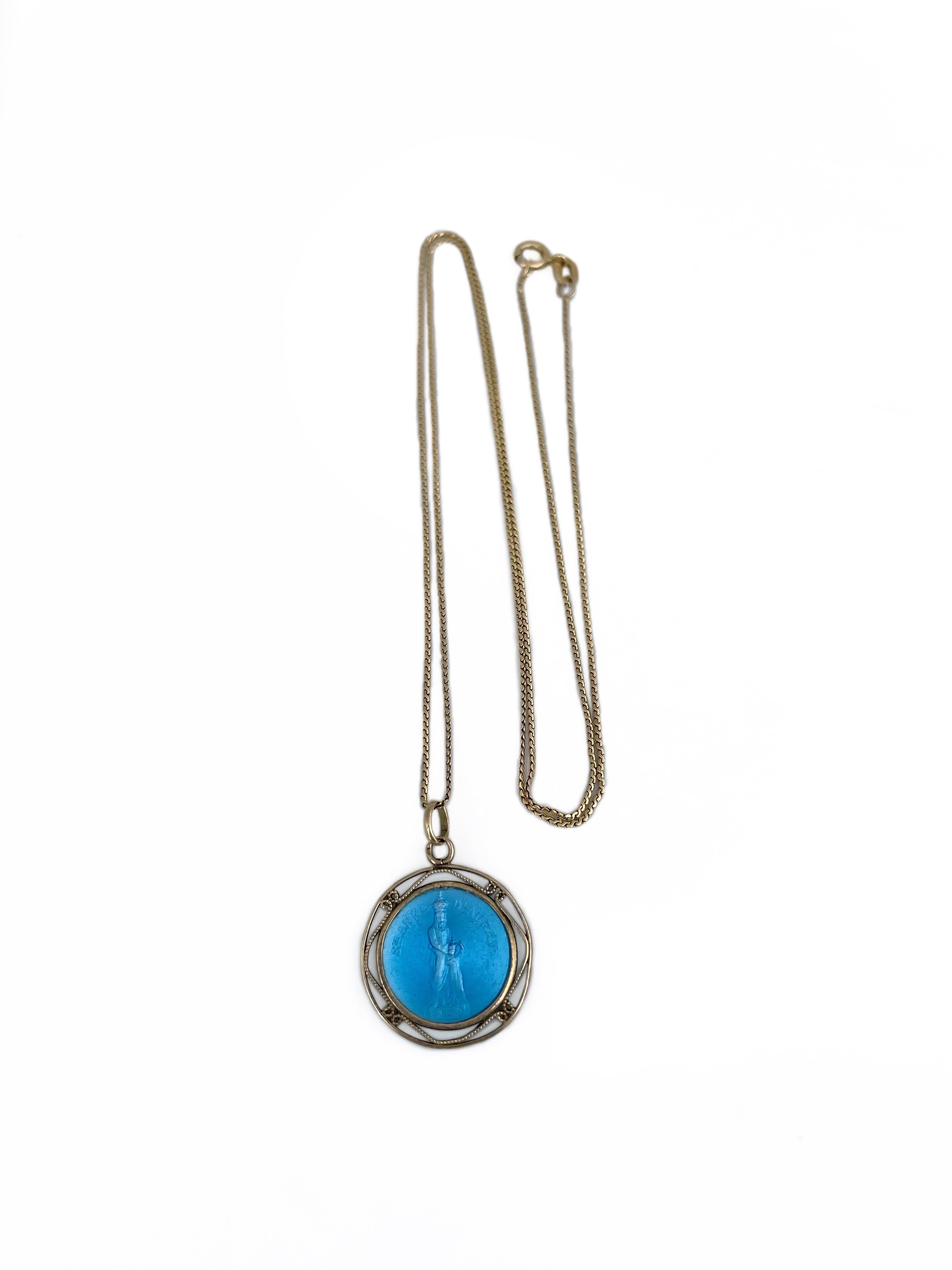 Modern Vintage 18 Karat Gold St. Anne D’Auray Blue Enamel Medallion Pendant Necklace For Sale