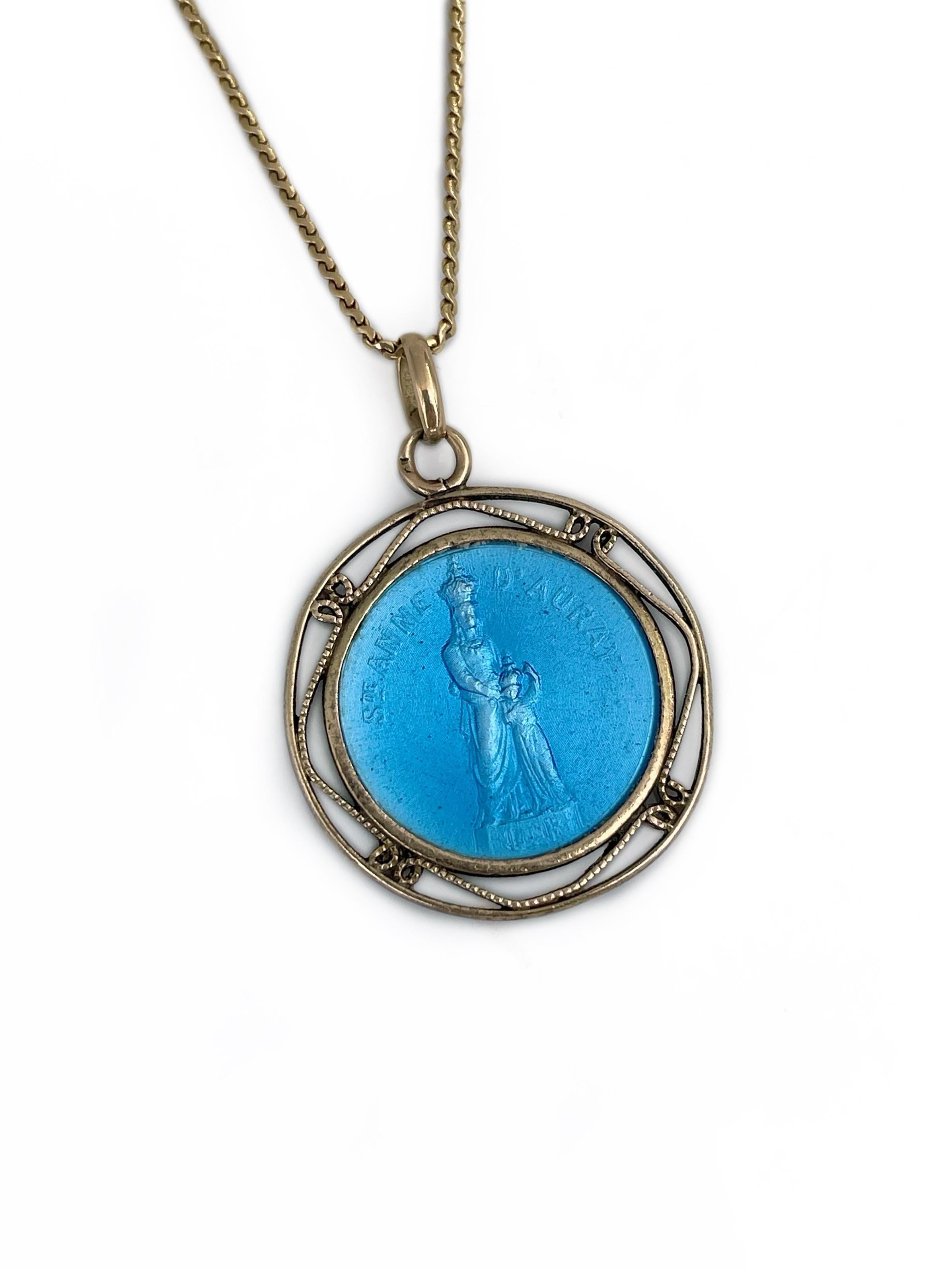 Women's or Men's Vintage 18 Karat Gold St. Anne D’Auray Blue Enamel Medallion Pendant Necklace For Sale