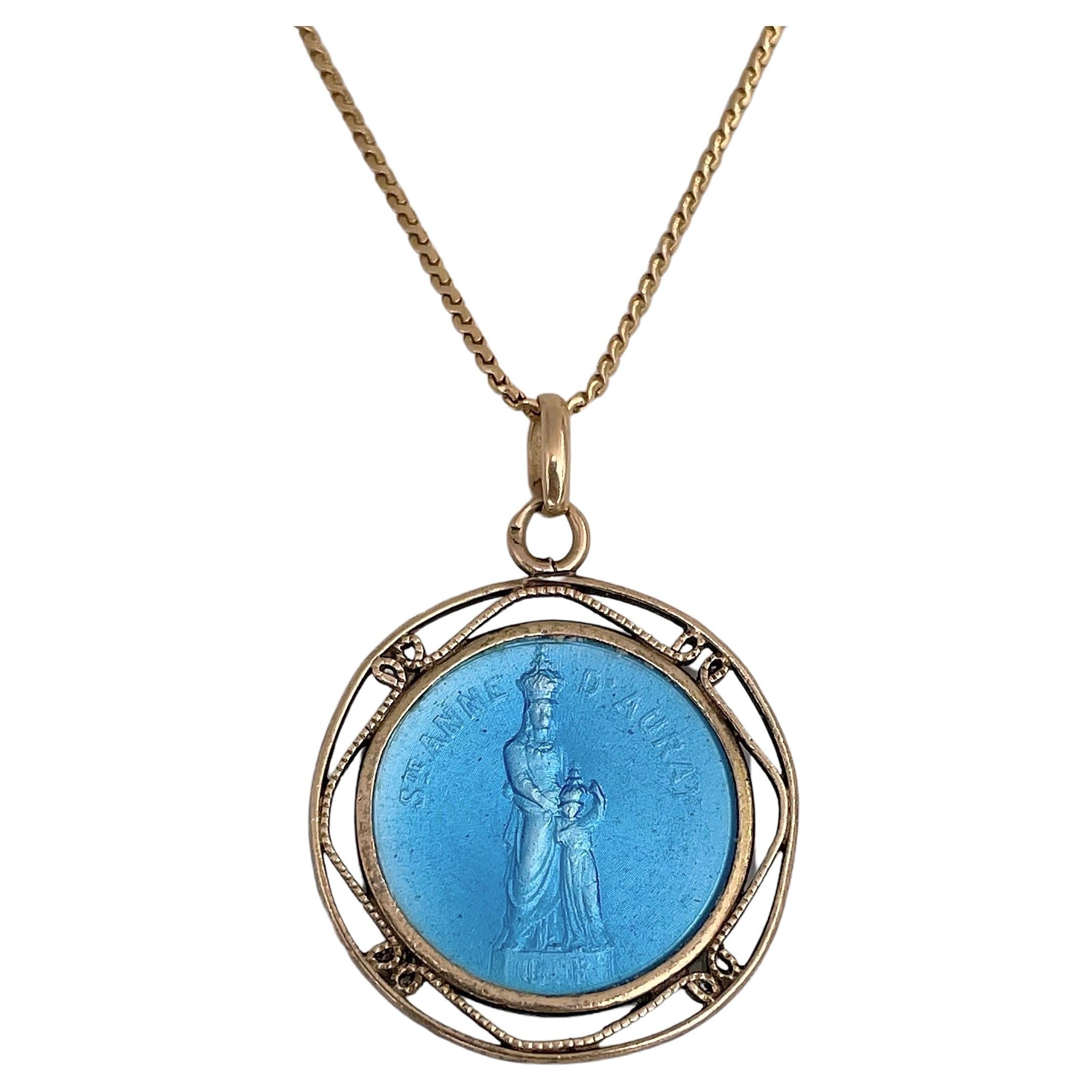 Vintage 18 Karat Gold St. Anne D’Auray Blue Enamel Medallion Pendant Necklace For Sale